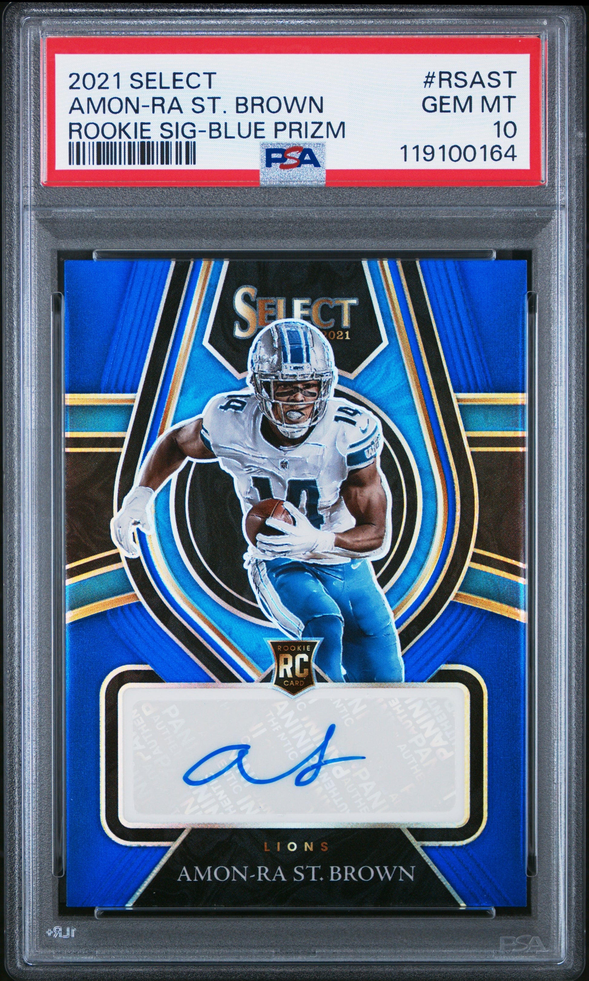 Amon-Ra St. Brown 2021 Panini Select Blue Prizm Rookie Auto #62/75 PSA 10 Gem Mint