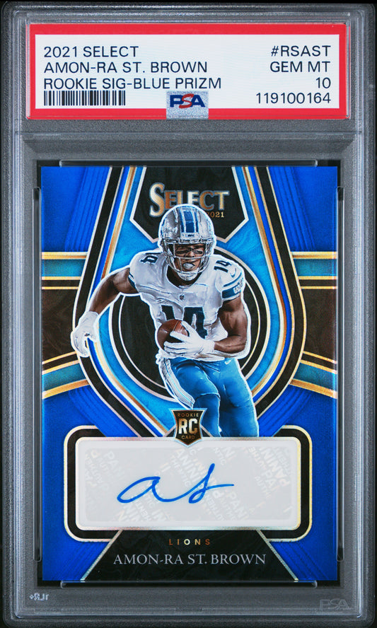 Amon-Ra St. Brown 2021 Panini Select Blue Prizm Rookie Auto #62/75 PSA 10 Gem Mint