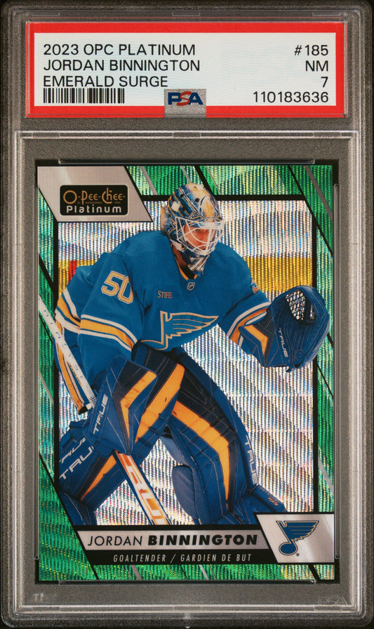 Jordan Binnington 2023 OPC Platinum Emerald Surge #8/10 PSA 7 Near Mint