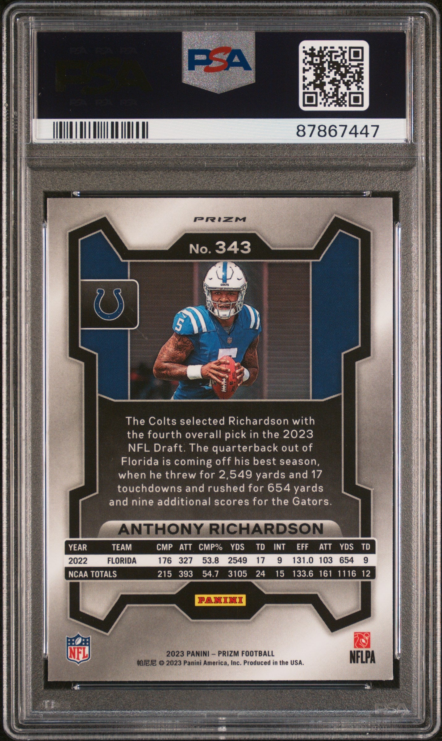 Anthony Richardson 2023 Panini Prizm Black and Red Checker PSA 9 Mint