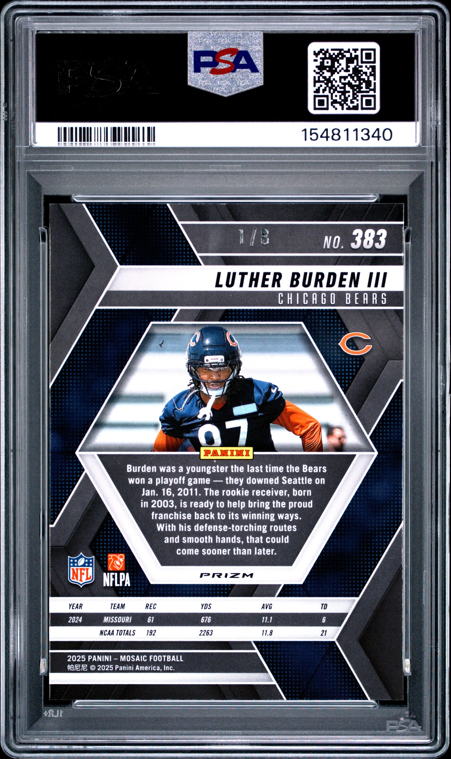 Luther Burden III 2025 Panini Mosiac Rookie #383 Black Gold Choice #1/8 PSA 10 Gem Mint