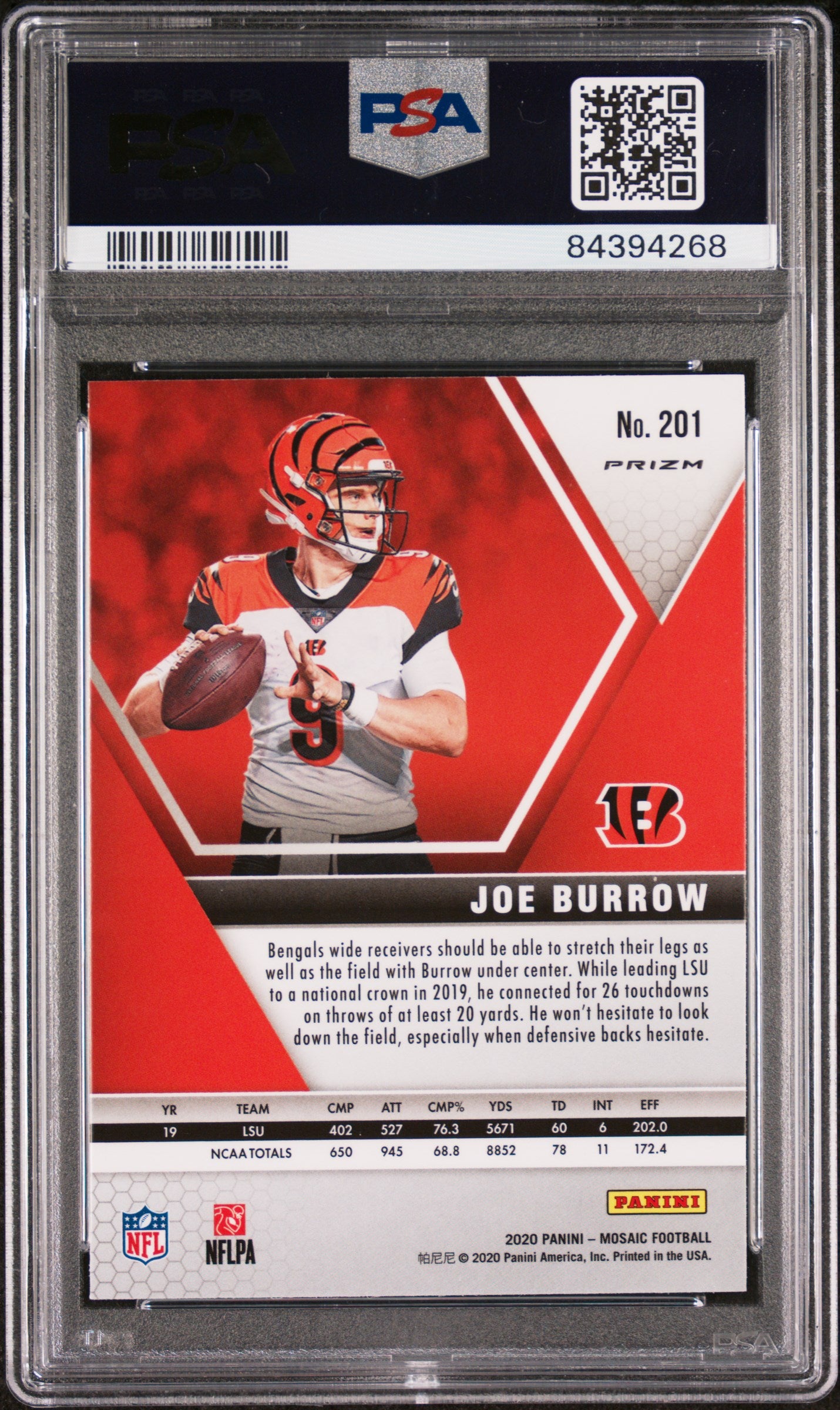 Joe Burrow 2020 Panini Mosaic Rookie #301 Reactive Orange PSA 10 Gem Mint 4268
