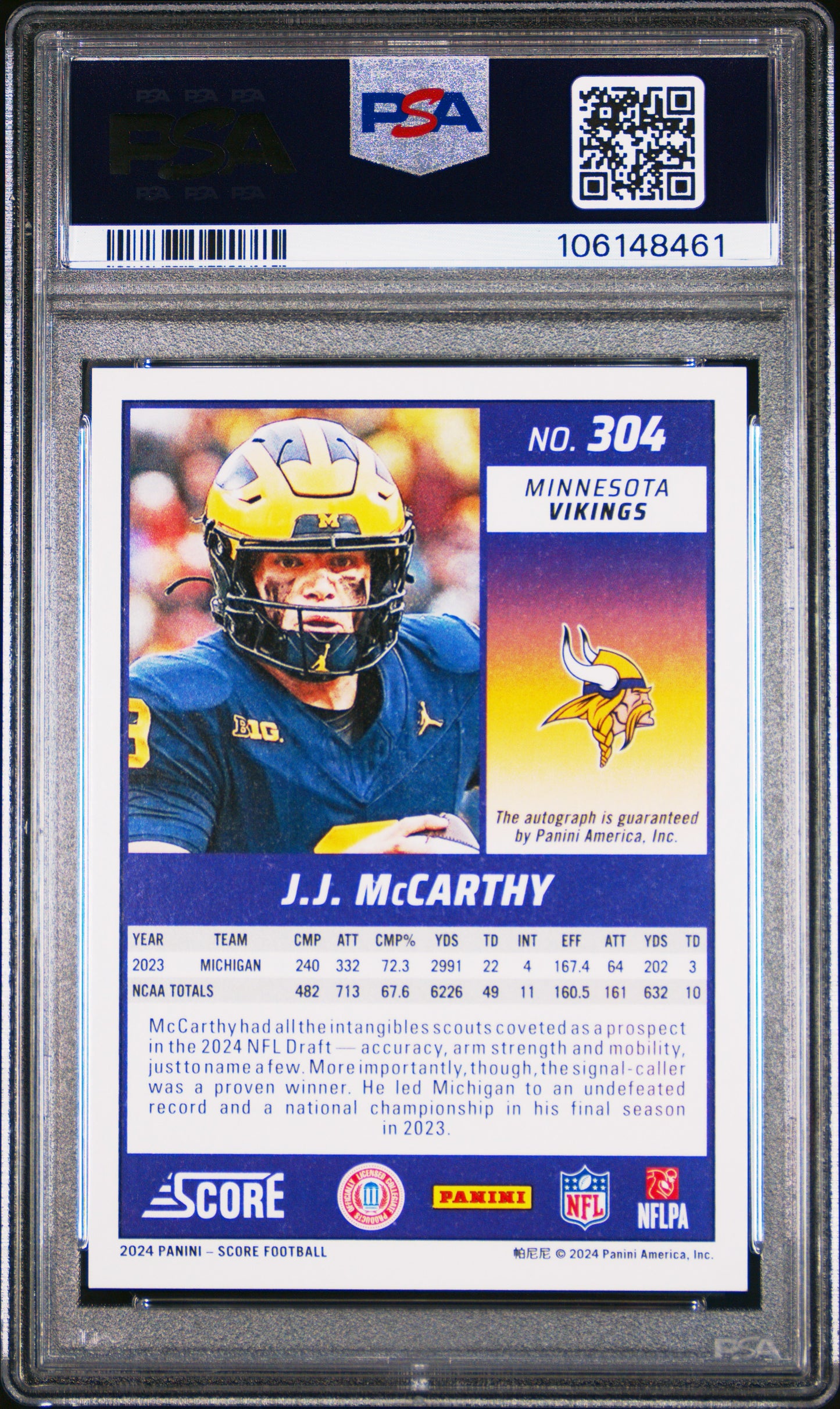 J.J. McCarthy 2024 Score Green Signature Auto PSA 6 Ex-Mint