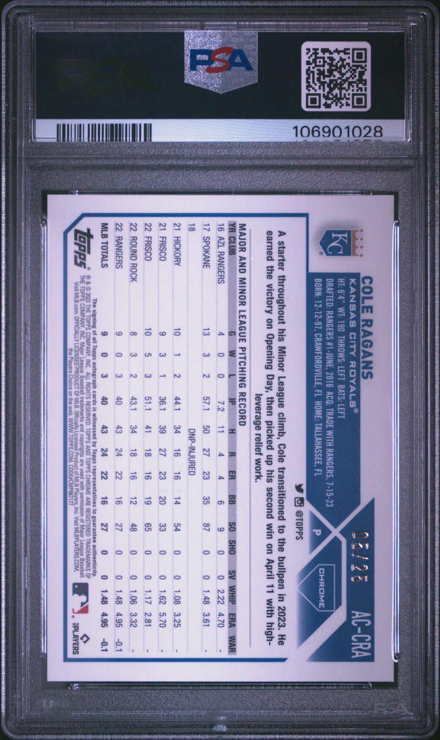 Cole Ragans 2023 Topps Chrome Update Orange Refractor Auto #5/25 PSA 10 Gem Mint