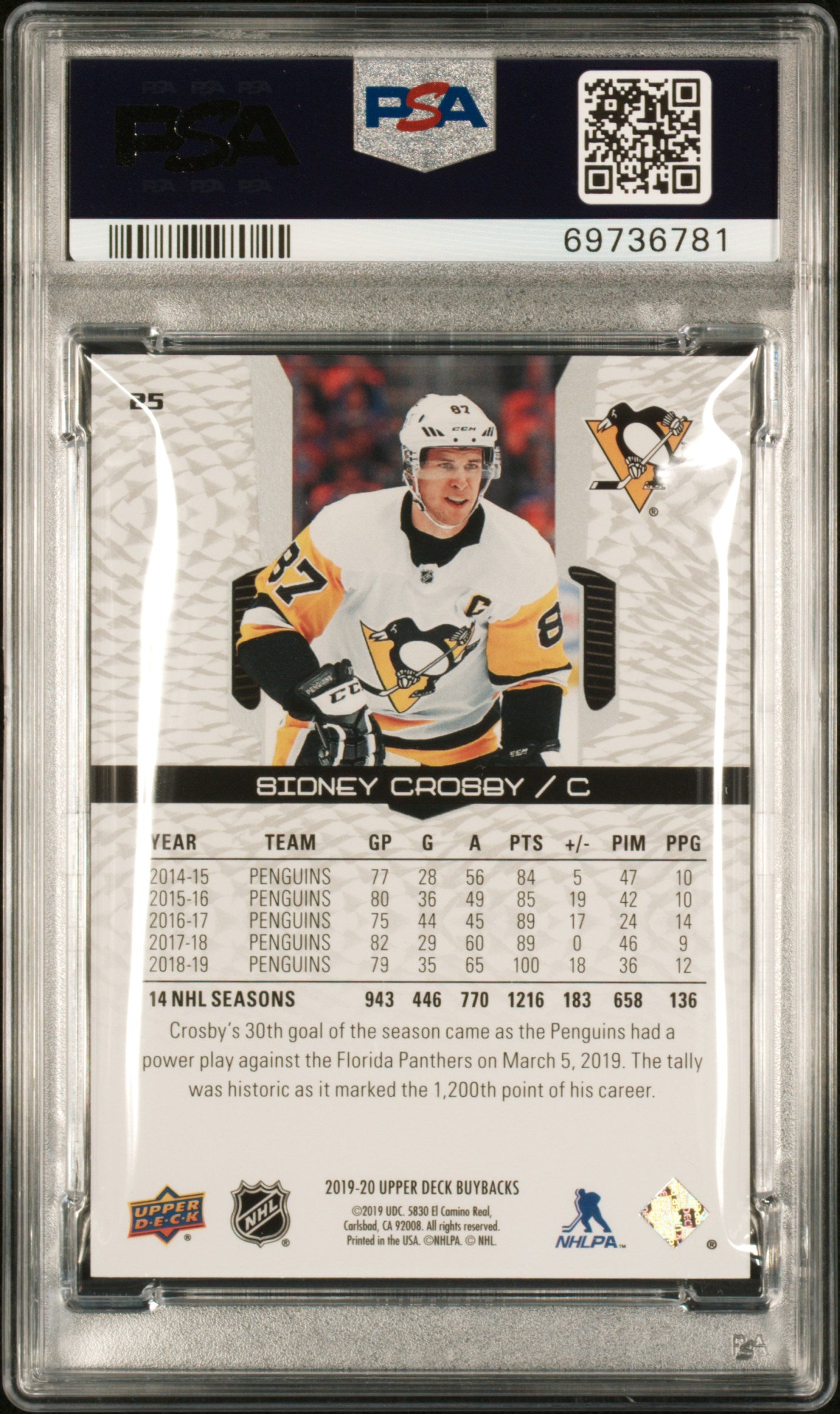 Sidney Crosby 2019 Upper Deck Buybacks #196/199 PSA 10 Gem Mint