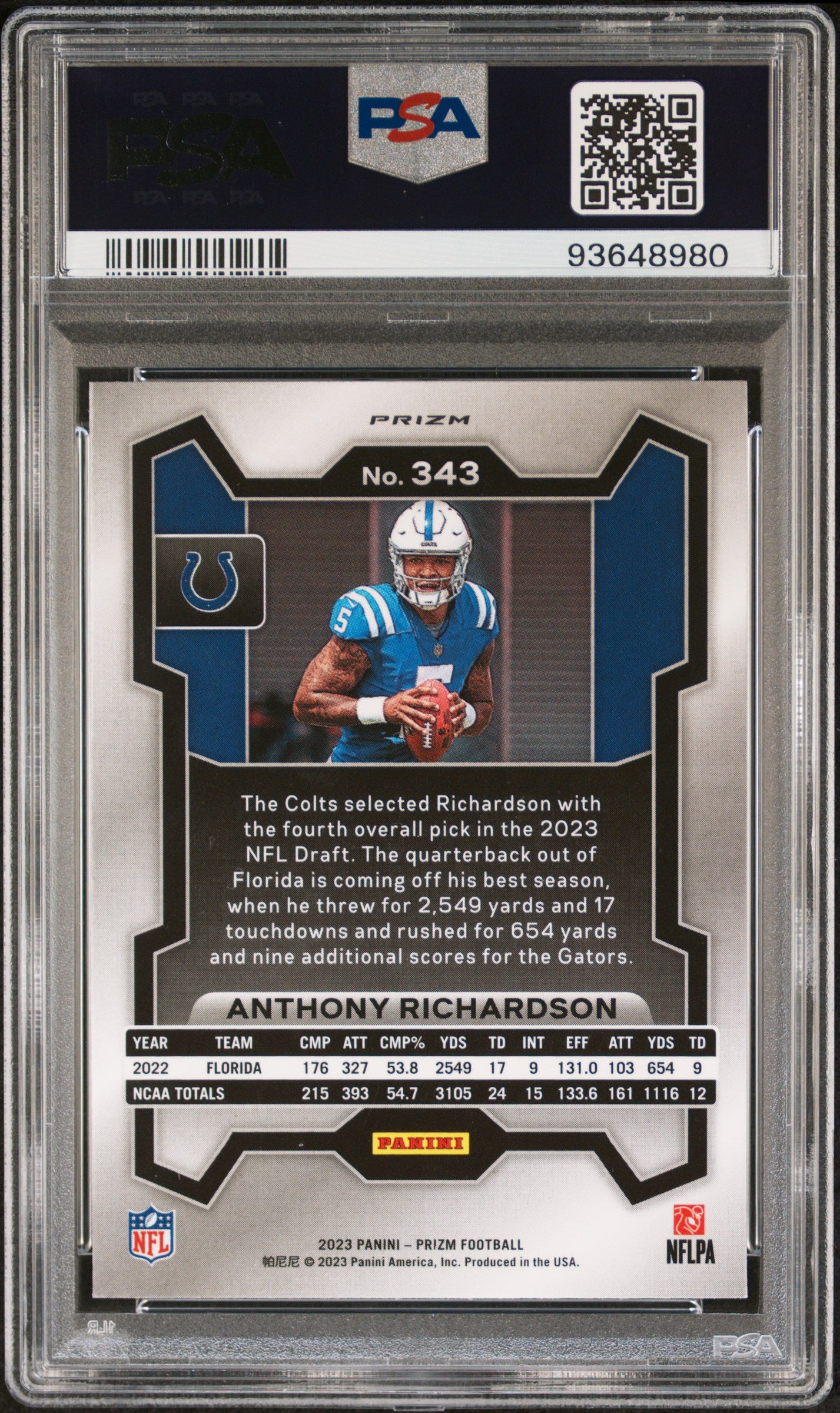 Anthony Richardson 2023 PAnini Prizm Rookie #343 Silver Prizm PSA 10 Gem Mint