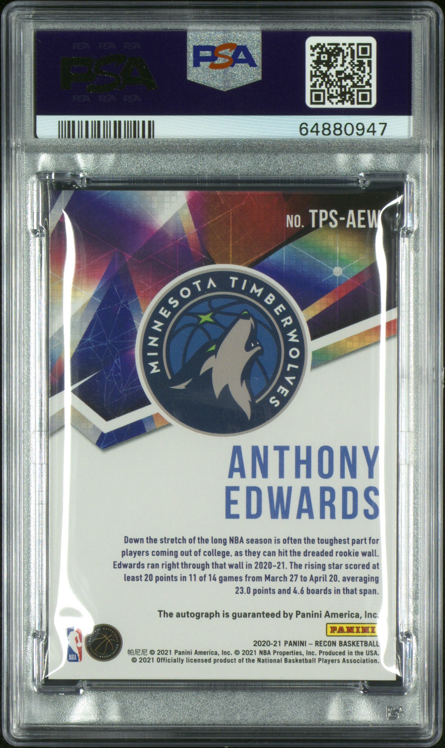 Anthony Edwards 2020 Panini Recon True Potential Gold Auto #3/10 PSA 9 Auto 9