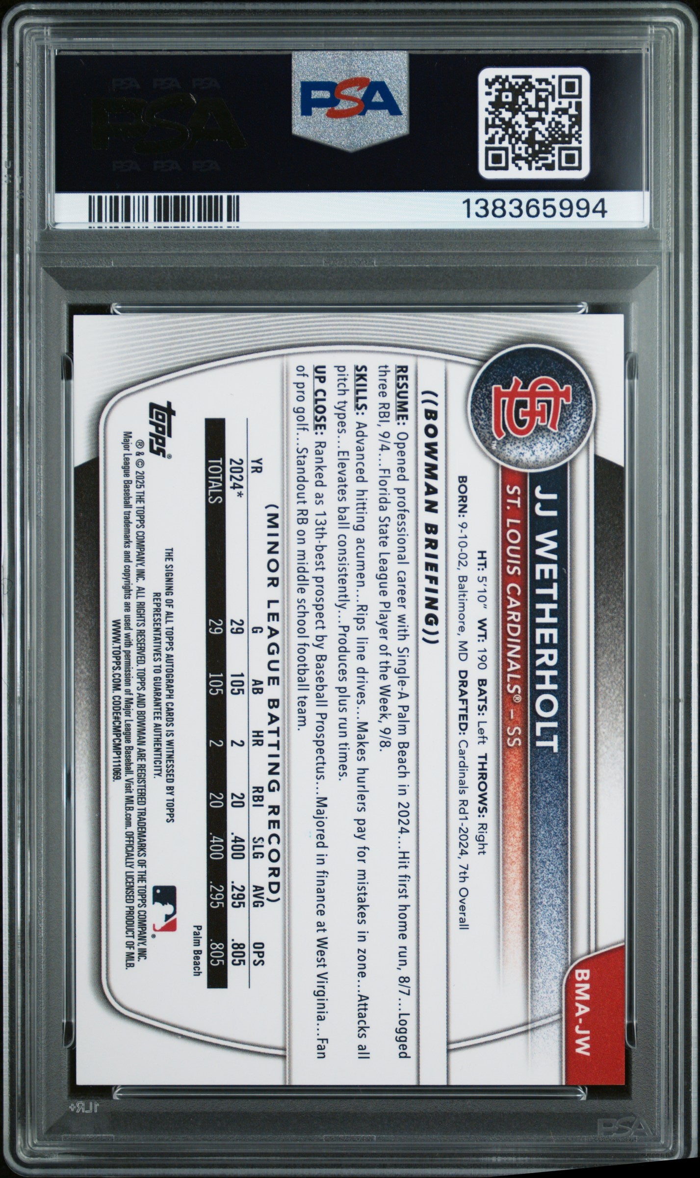 J.J. Wetherholt 2025 Bowman Chrome Mega Box Gold Refractor Auto #37/50 PSA 10 Auto 10