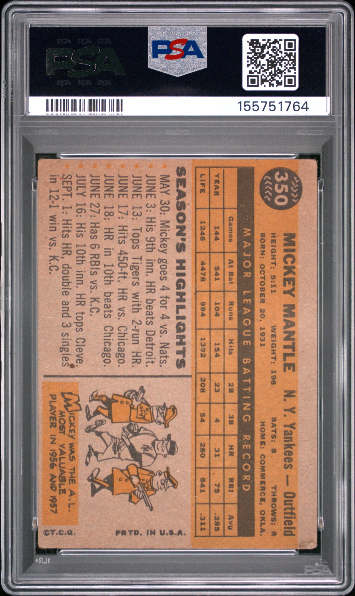 Mickey Mantle 1960 Topps #350 PSA 1 Poor 1764