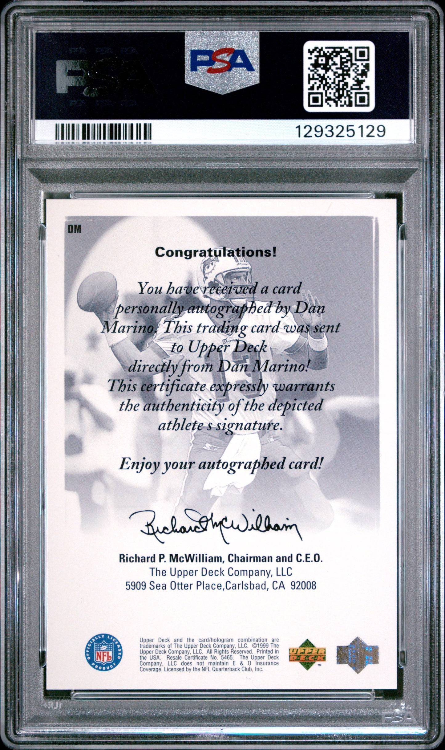 Dan Marino 1998 SPx Finite UD Authentics Auto PSA 9 Mint