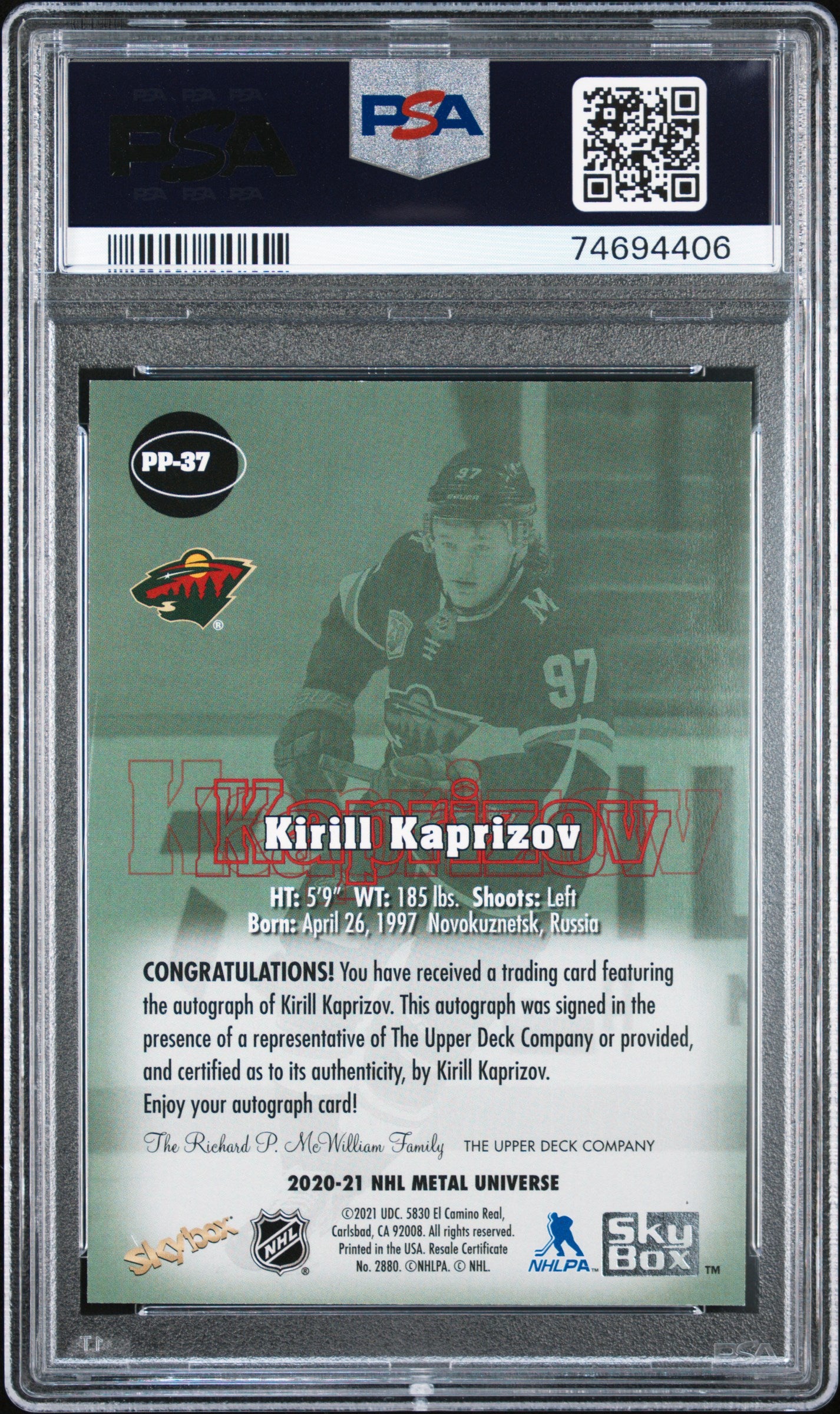 Kirill Kaprizov 2020 Metal Universe Star Rubies Auto PSA 9 Auto 10