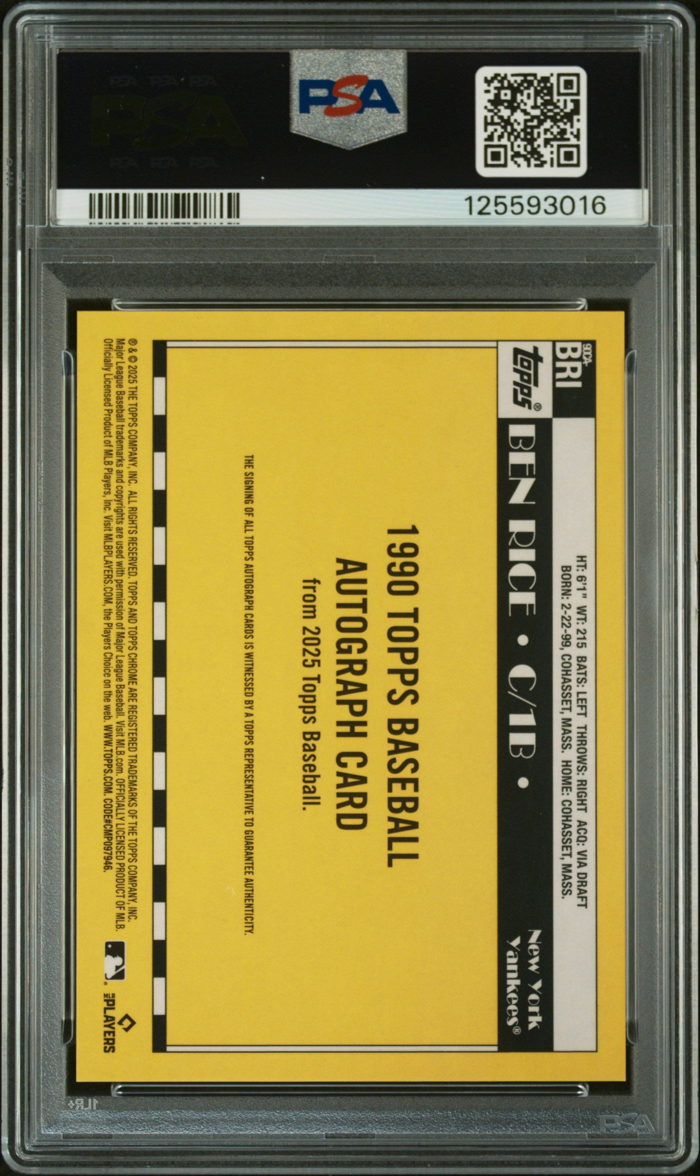 Ben Rice 2025 Topps Silver Pack Rookie Auto PSA 10 Auto 10