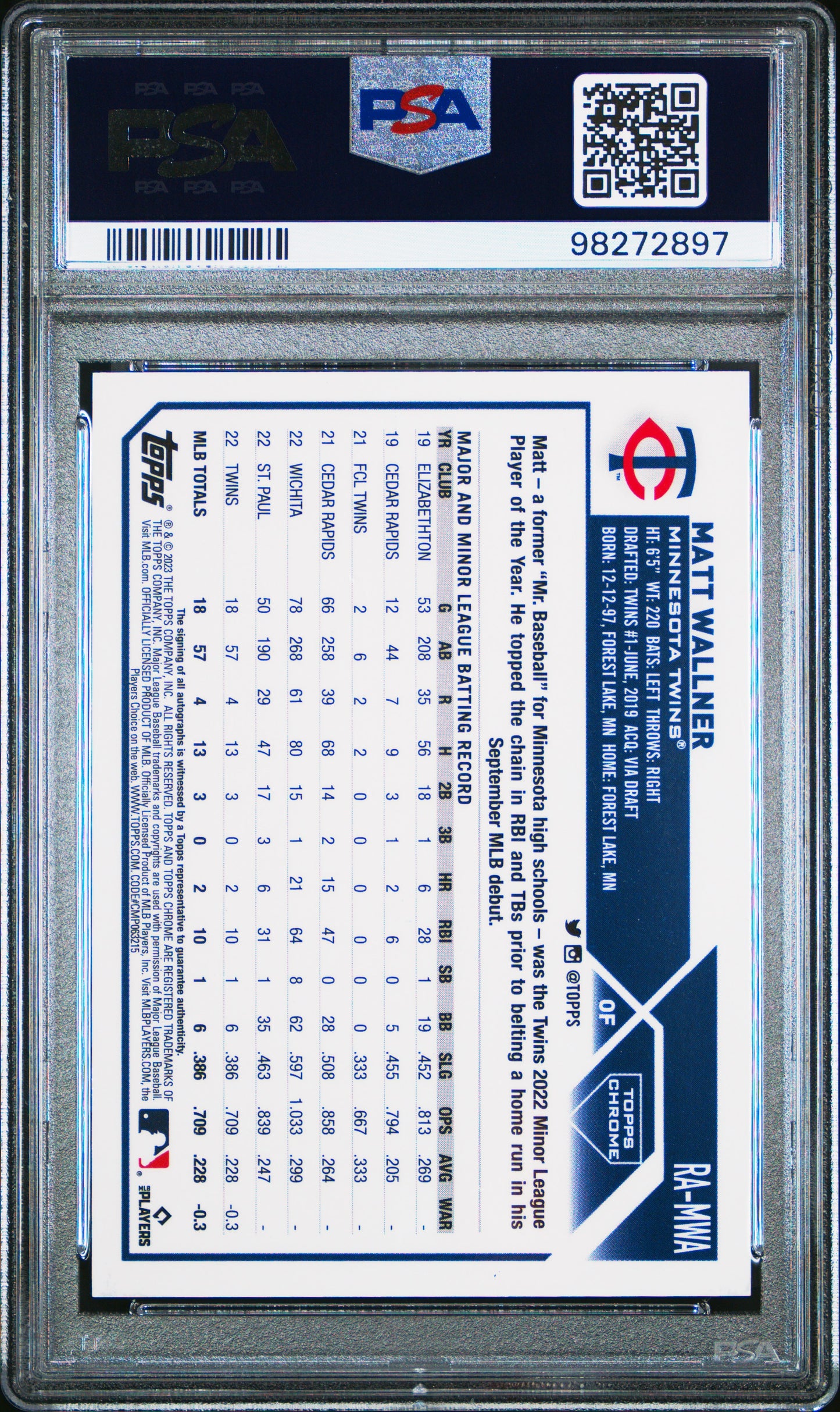 Matt Wallner 2023 Topps Chrome Gold Refractor Auto Rookie #36/50 PSA 10 Gem Mint