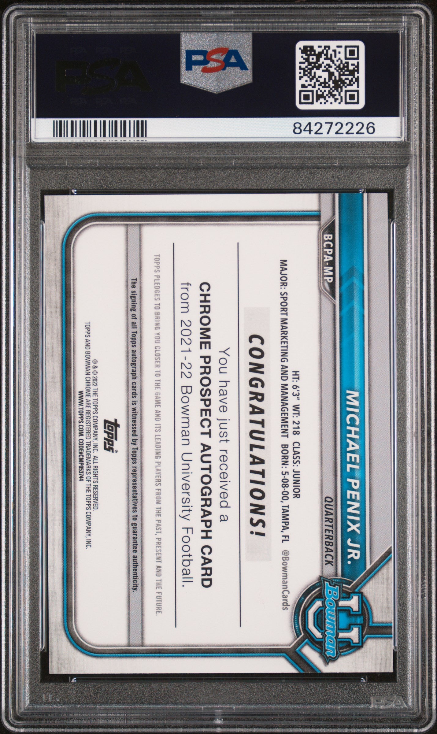 Michael Penix Jr. 2021 Bowman University Auto PSA 9 Mint