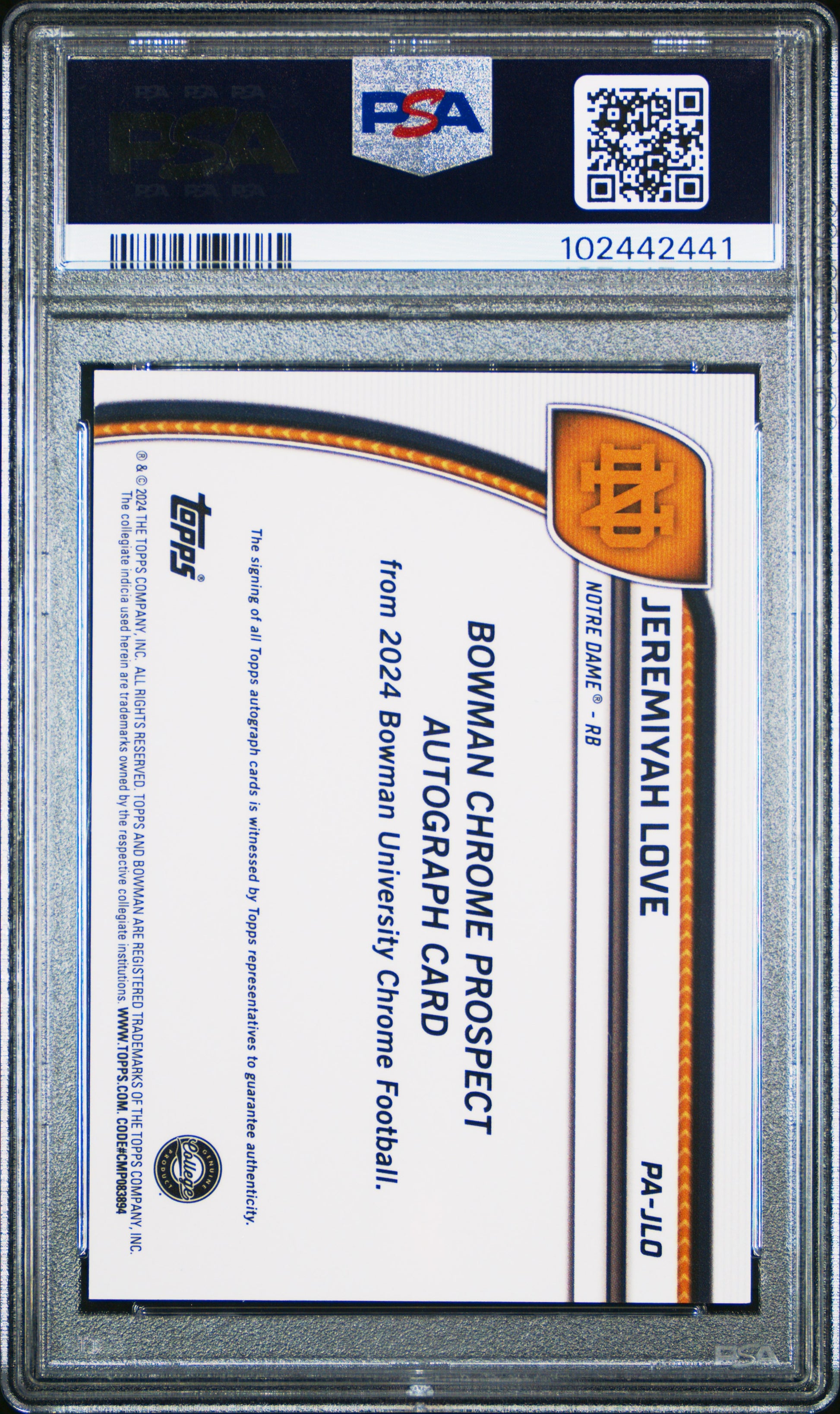 Jeremiyah Love 2024 Bowman Chrome U Yellow Refractor Auto #21/75 PSA 10 Gem Mint