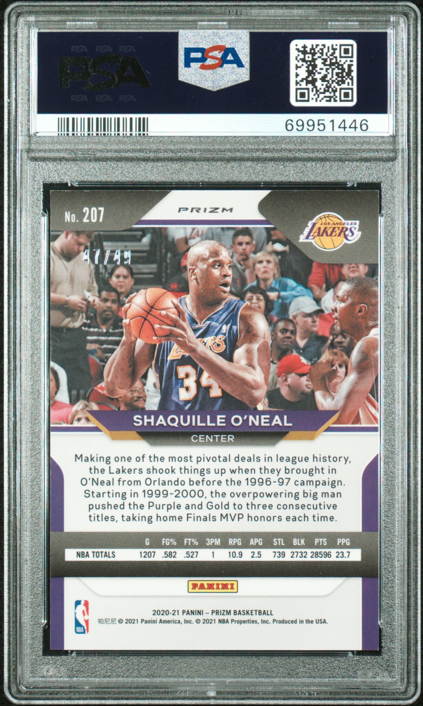 Shaquille O'Neal 2020 Panini Prizm Orange Prizm #47/49 PSA 10 Gem Mint