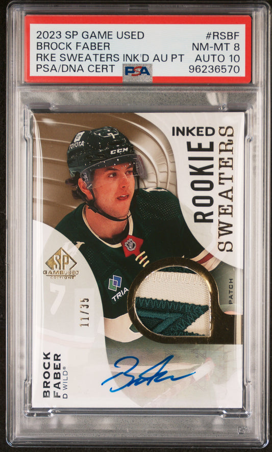 Brock Faber 2023 Upper Deck SP Game Used Rookie Inked Sweaters #11/35 PSA 8 Auto 10