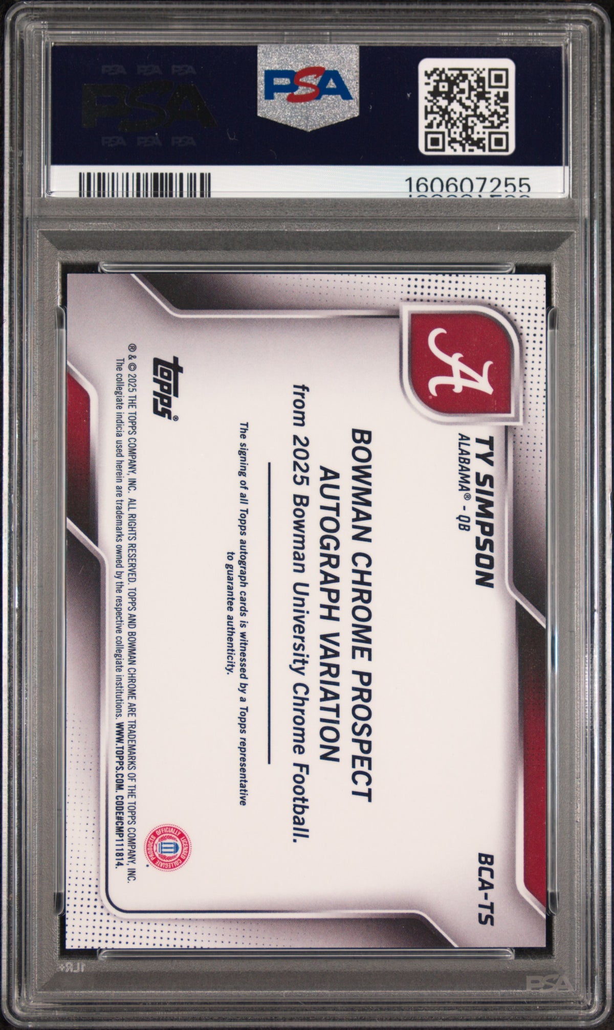 Ty Simpson 2025 Bowman Chrome U Auto PSA 9 Mint