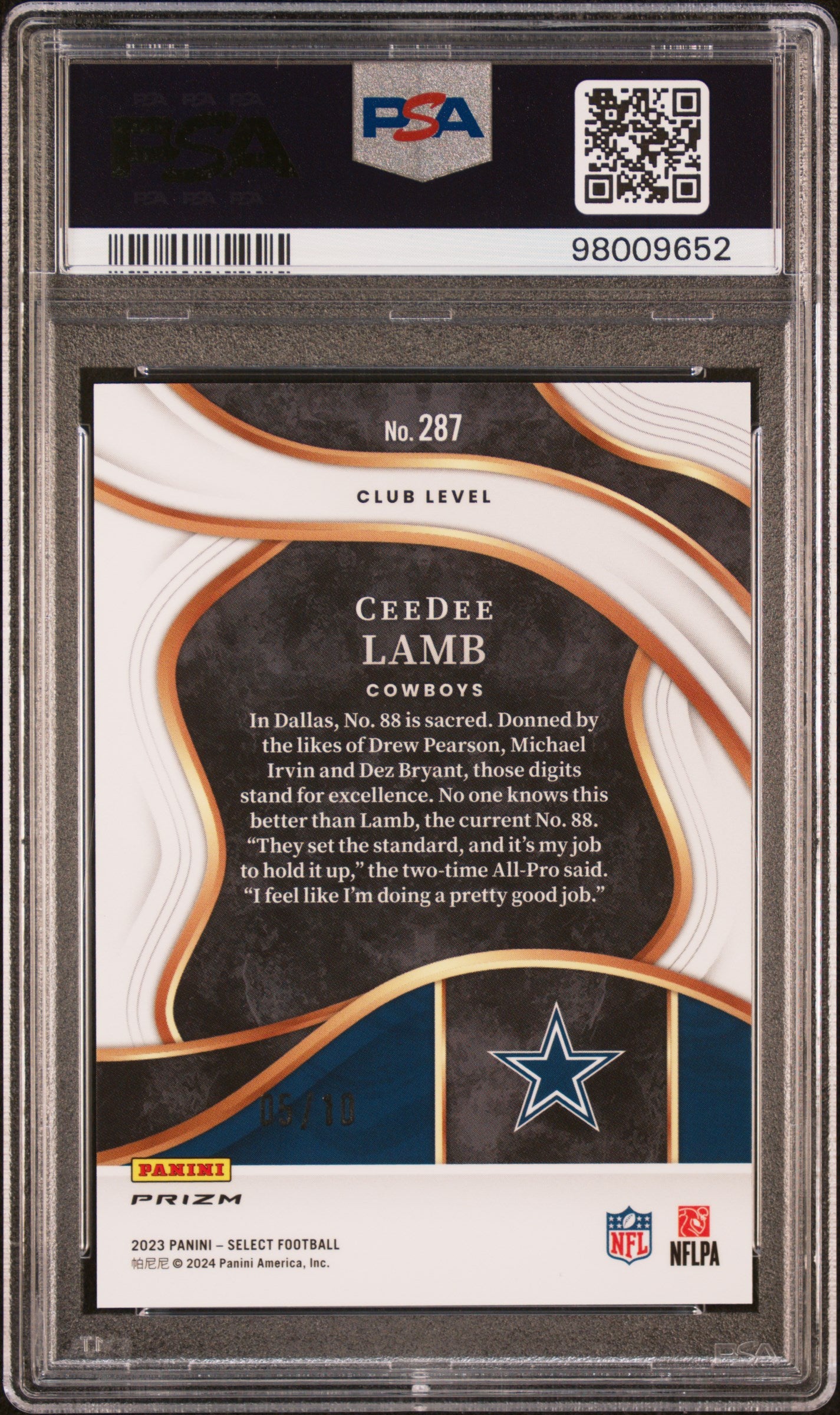 CeeDee Lamb 2023 Panini Select #287 Gold Prizm #5/10 PSA 10 Gem Mint