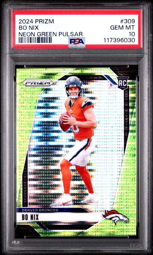 Bo Nix 2024 Panini Prizm Rookie #309 Neon Green Prizm PSA 10 Gem Mint