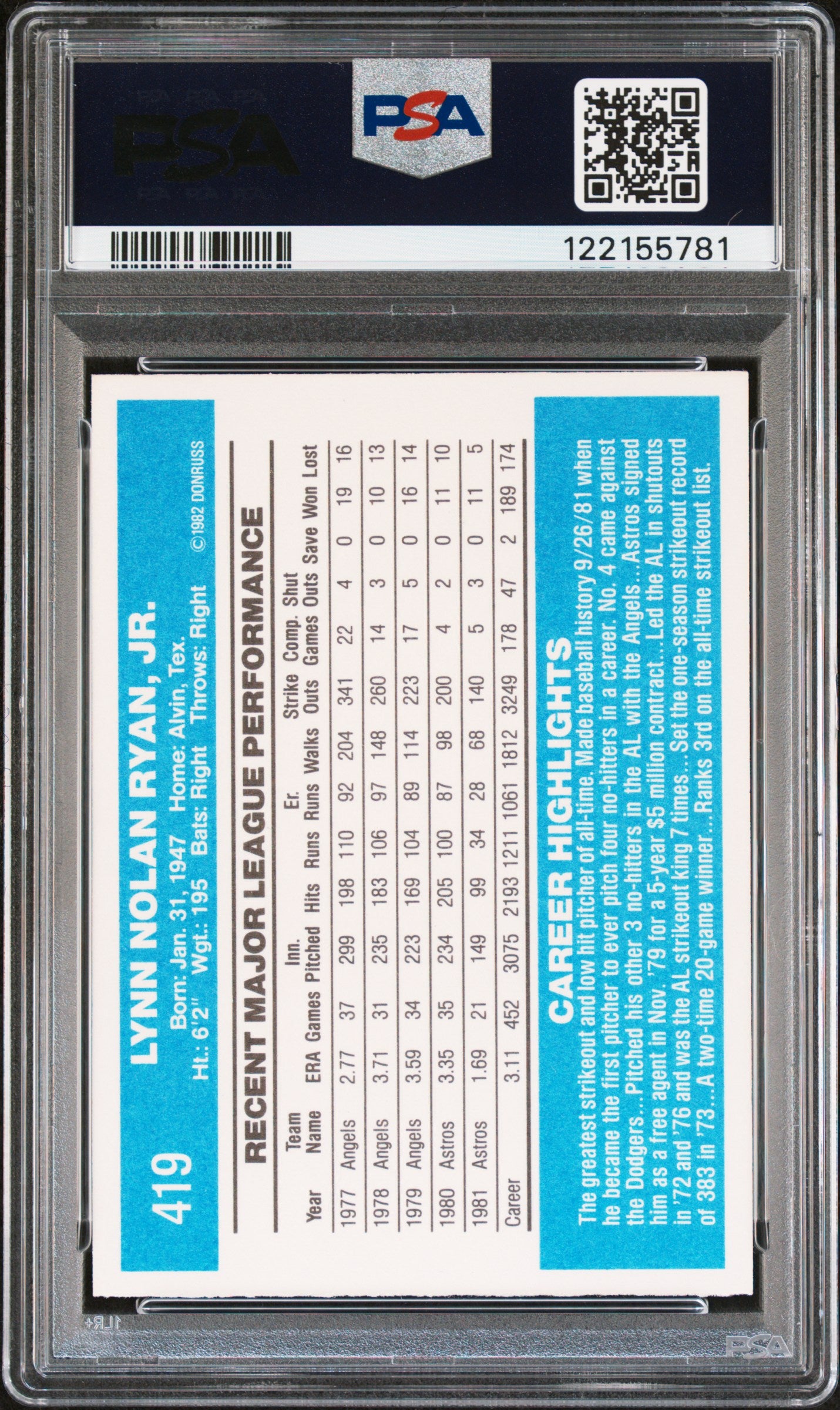 Nolan Ryan 1982 Donruss #419 PSA 10 Gem Mint