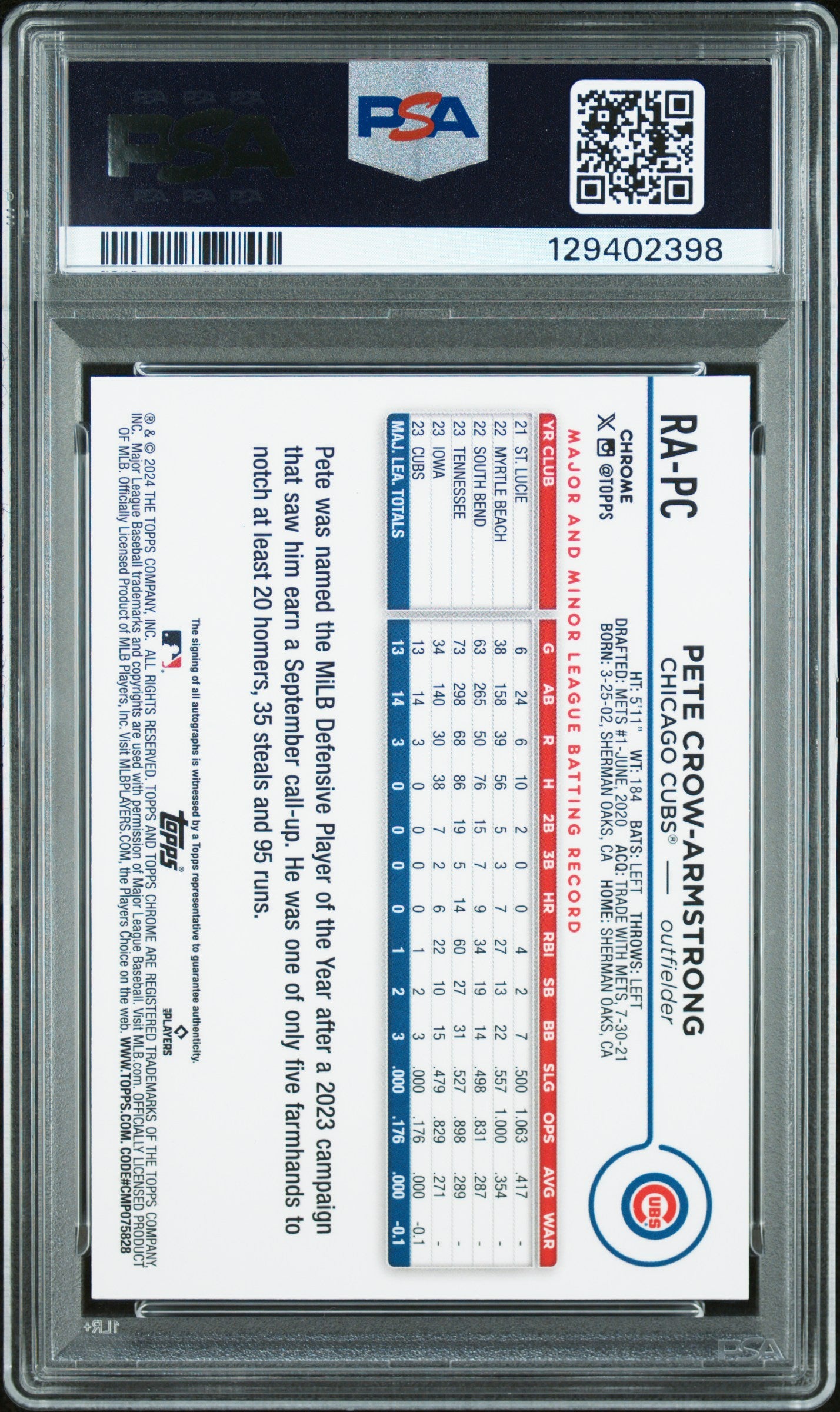 Pete Crow-Armstrong 2024 Topps Chrome Blue Refractor Rookie Auto #91/150 PSA 9 Auto 10