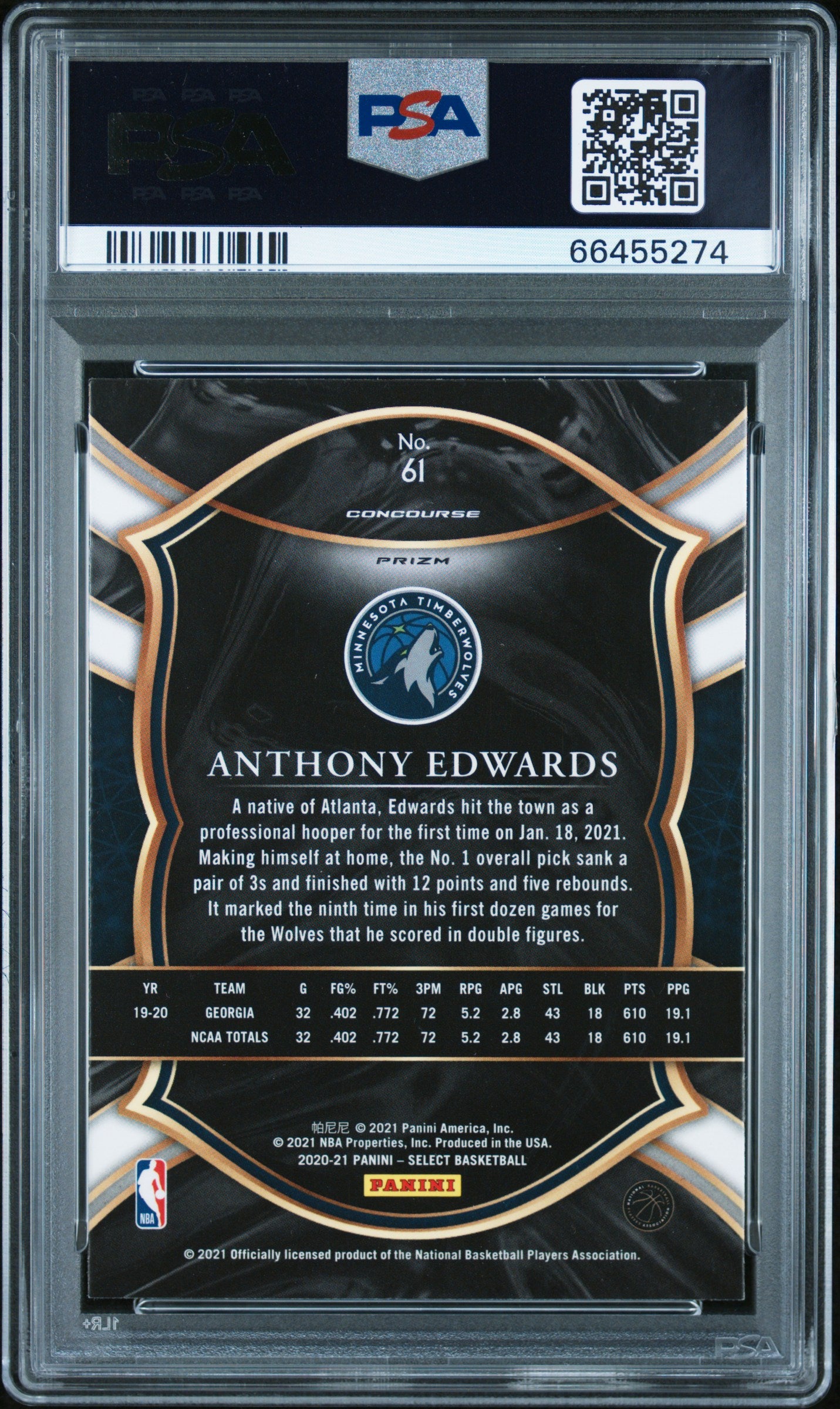 Anthony Edwards 2020 Panini Select Rookie #61 Silver PRizm PSA 10 Gem Mint 5274