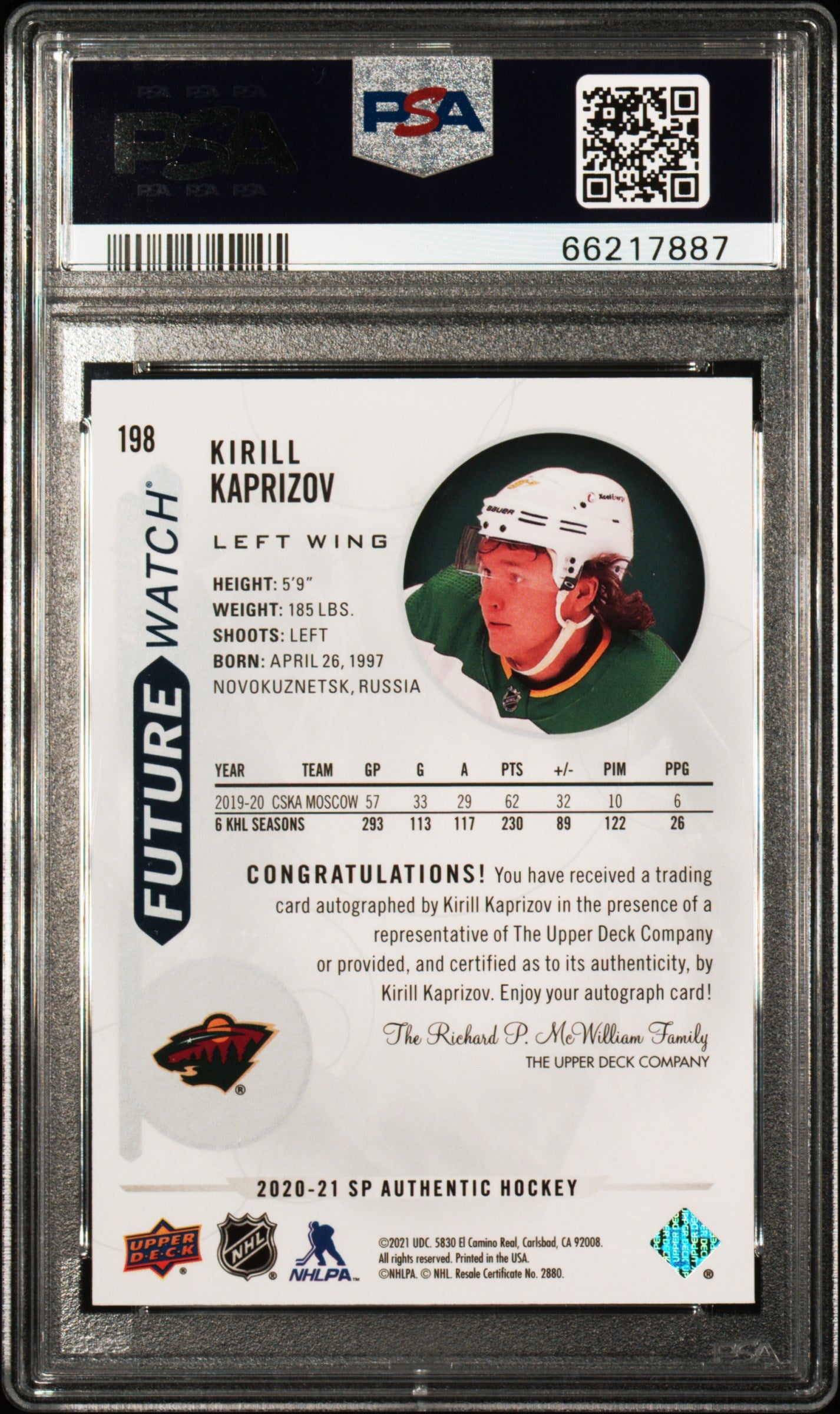 Kirill Kaprizov 2020 SP Authentic Future Watch Auto RC #26/999 Inscribed PSA 9 Mint
