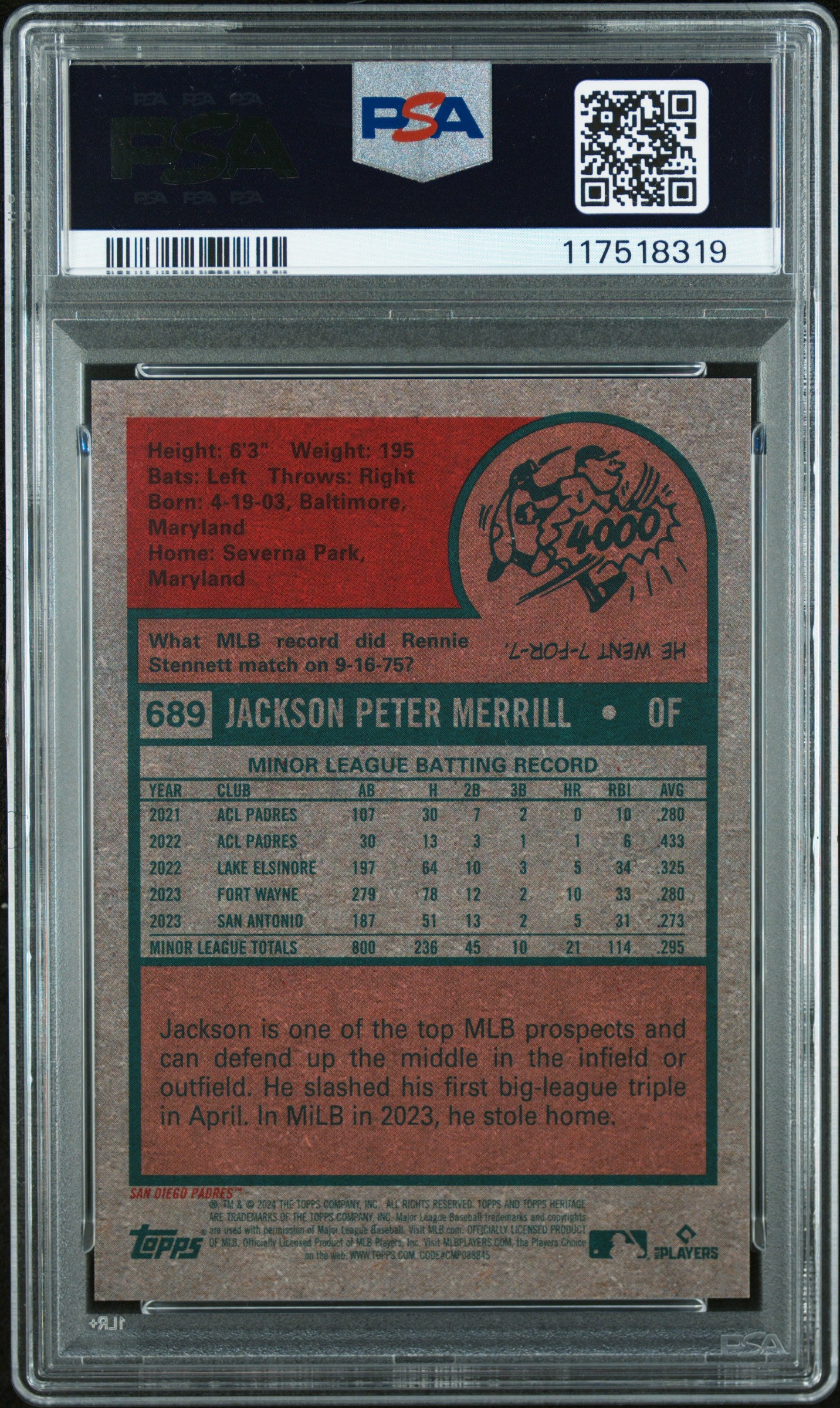 Jackson Merrill 2024 Topps Heritage Chrome Black Refractor #52/75 PSA 8 Nm-Mint