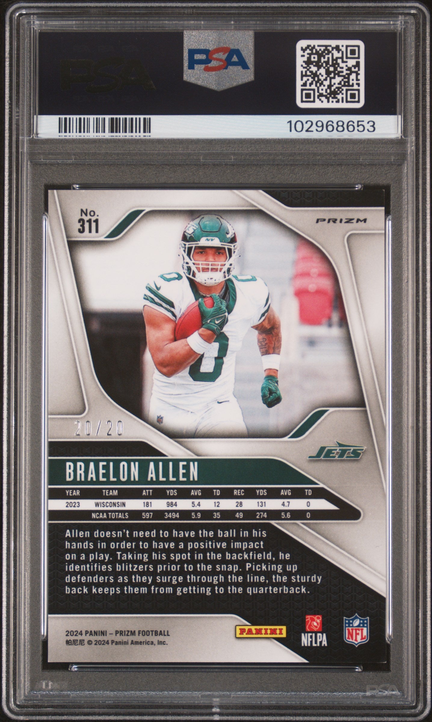 Braelon Allen 2024 Panini Prizm Red Choice #20/20 PSA 9 Mint