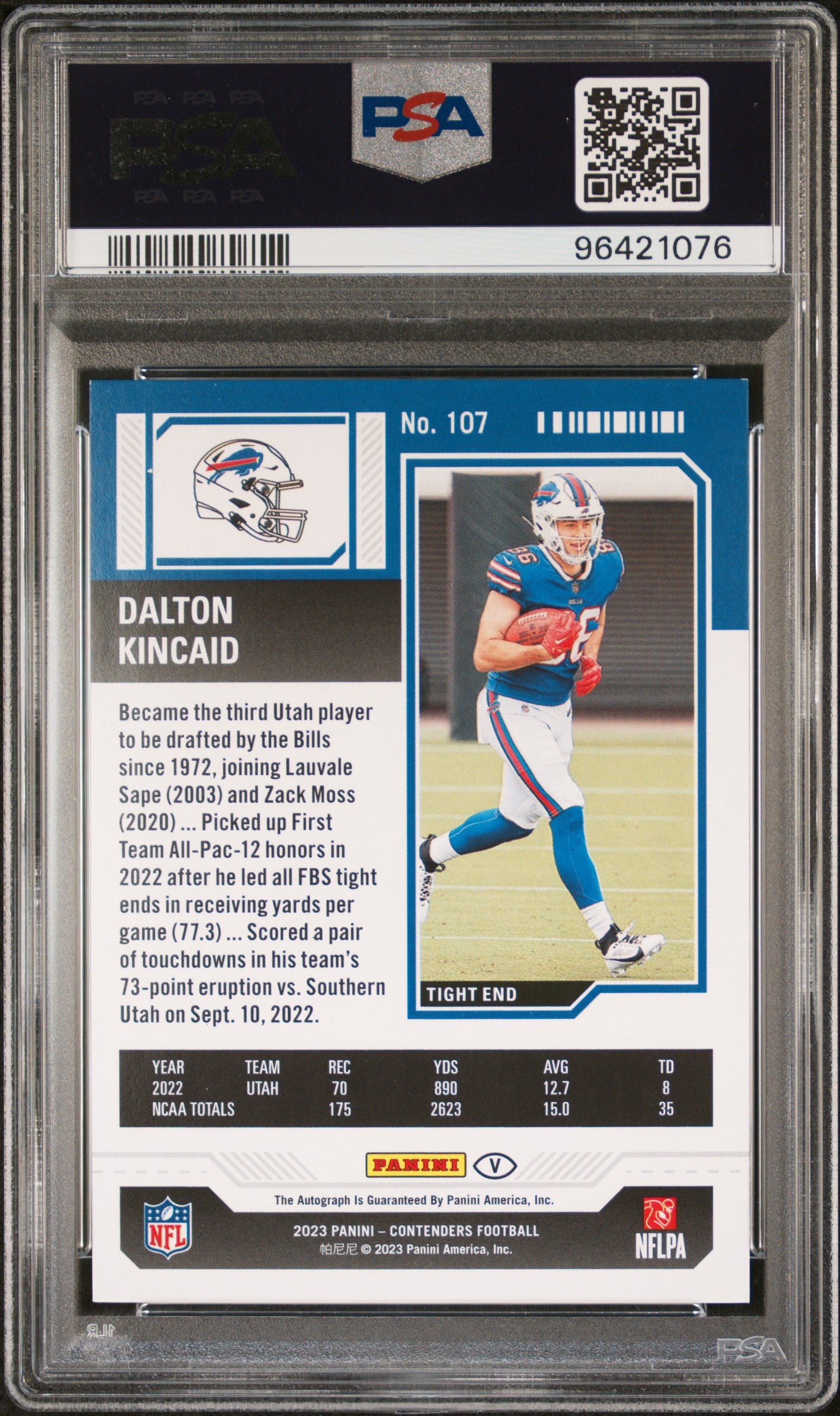 Dalton Kincaid 2023 Panini Contenders Playoff Auto #63/149 PSA 9 Mint