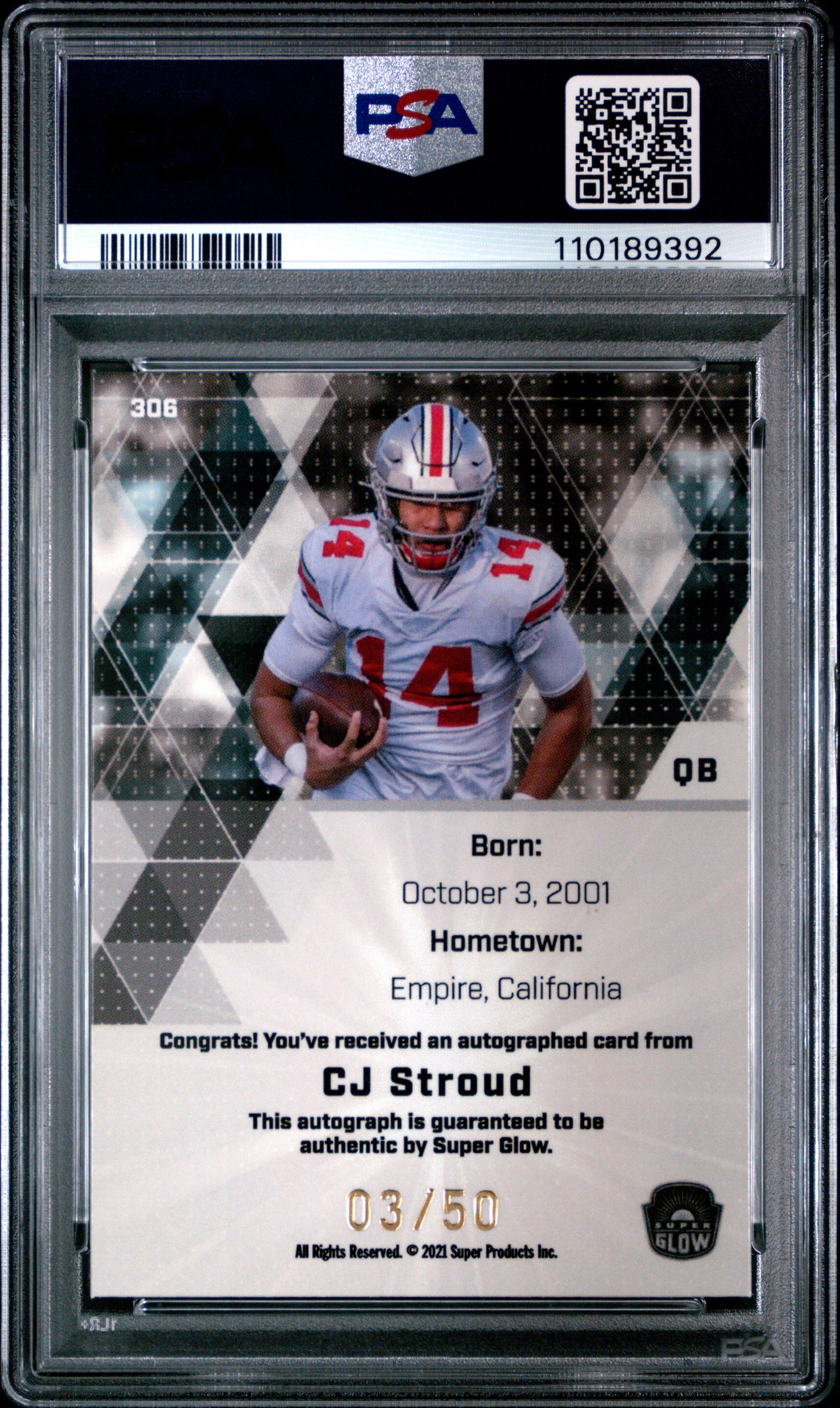 C.J. Stroud 2021 Super Glow Red Golw Auto #3/50 PSA 8 Nm-Mint