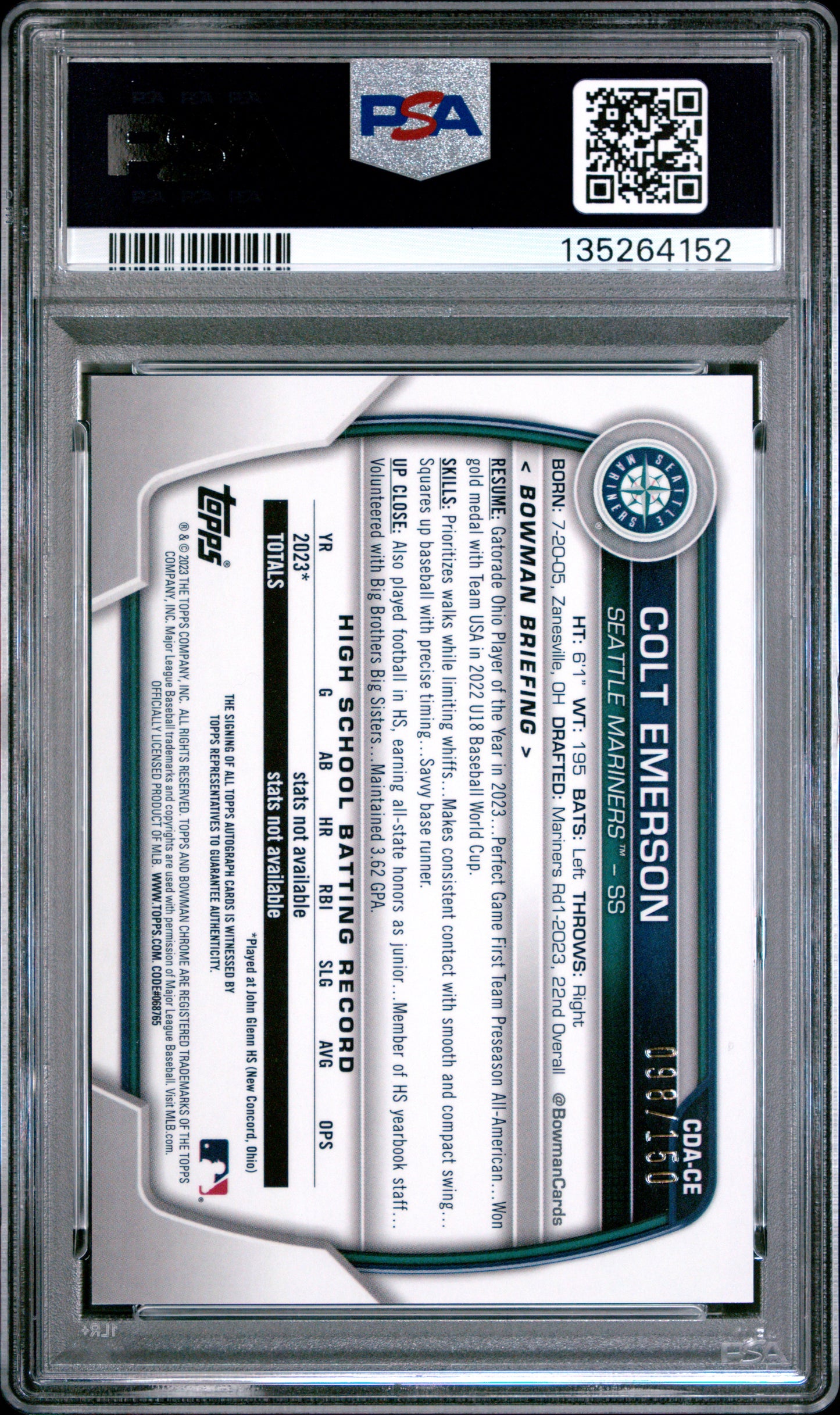 Colt Emerson 2023 Bowman Chrome Draft Blue Refractor Auto #98/150 PSA 10 Gem Mint