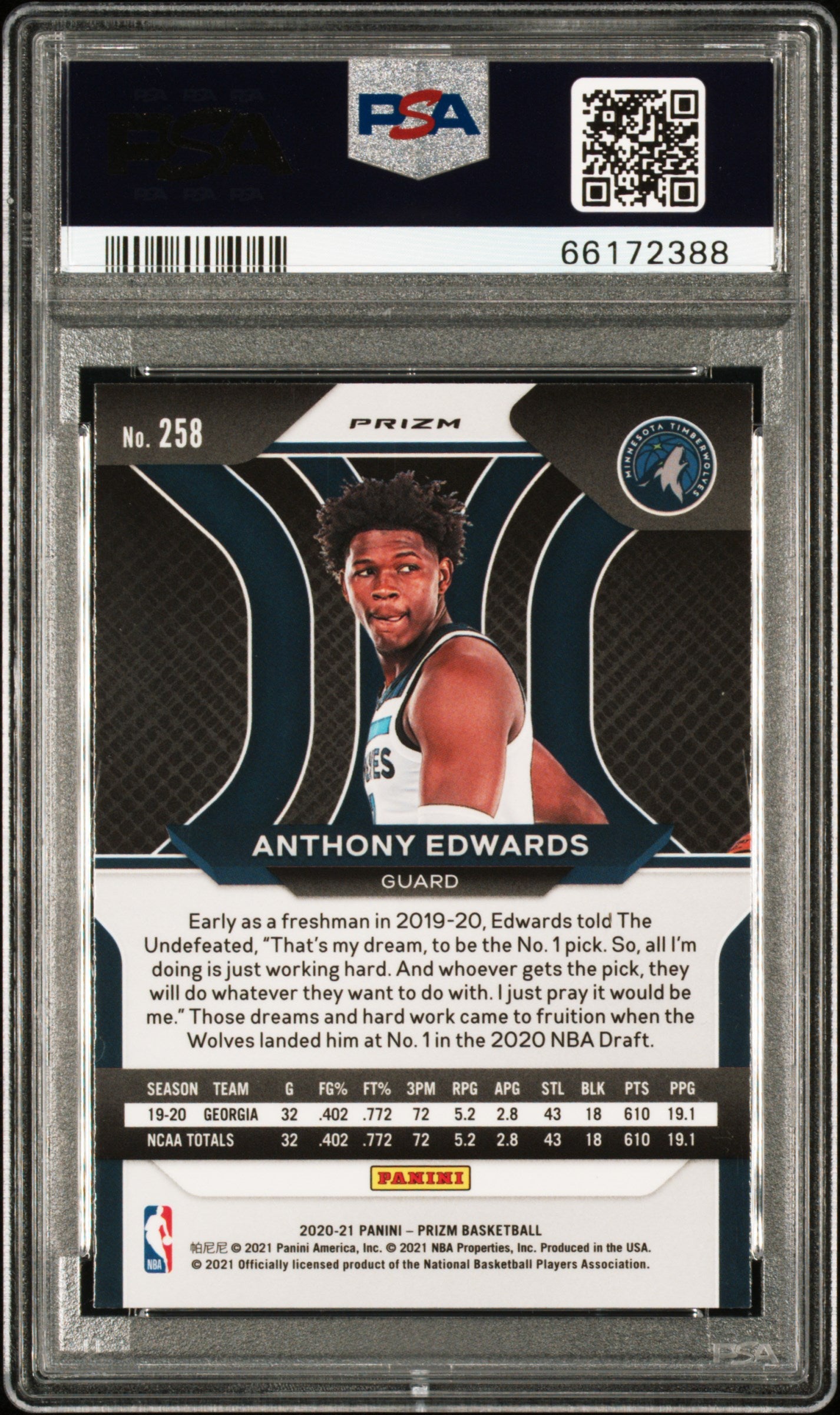 Anthony Edwards 2020 Panini Prizm Rookie #258 Silver Prizm PSA 10 Gem Mint