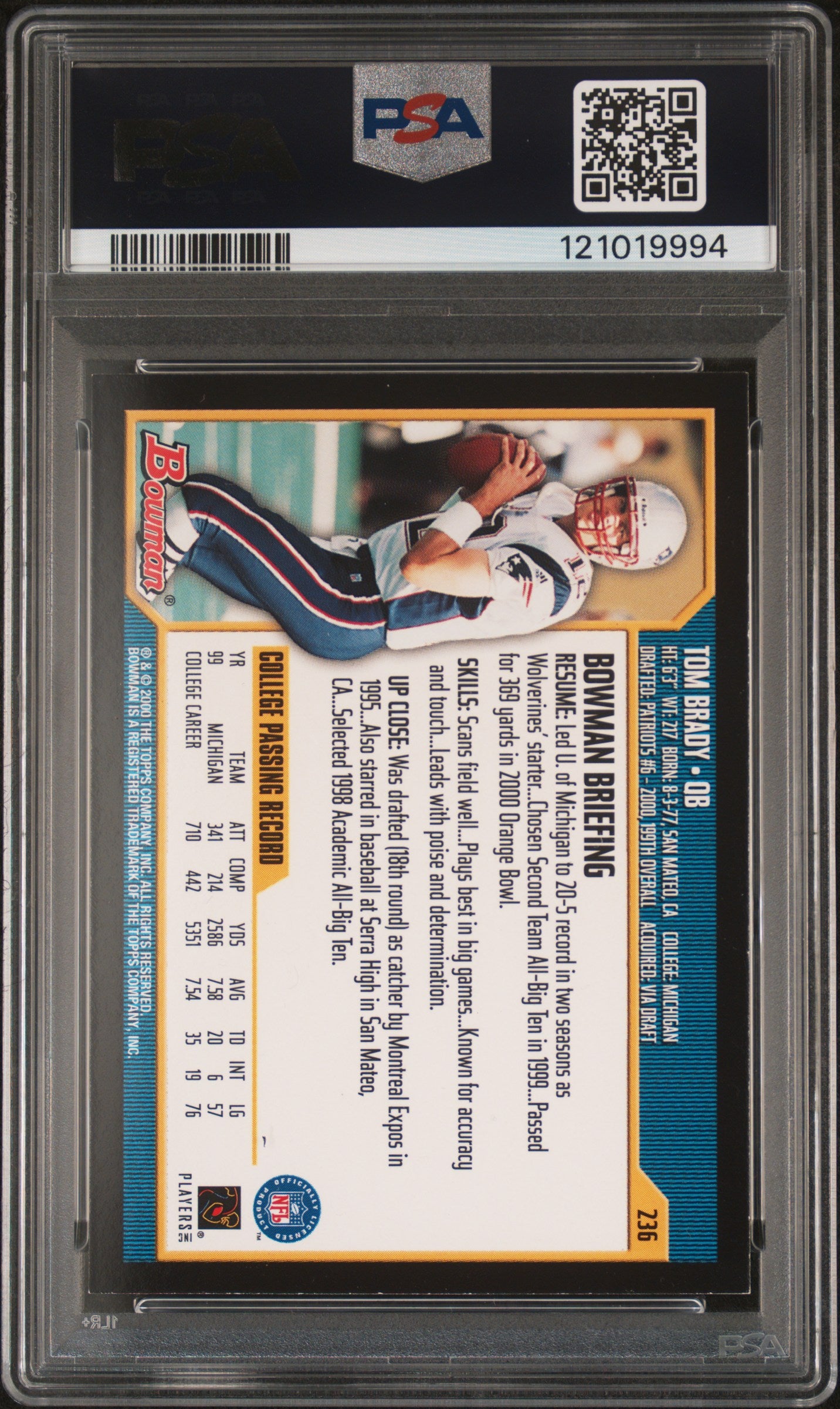 Tom Brady 2000 Bowman Rookie #236 PSA 7 Near Mint 9994