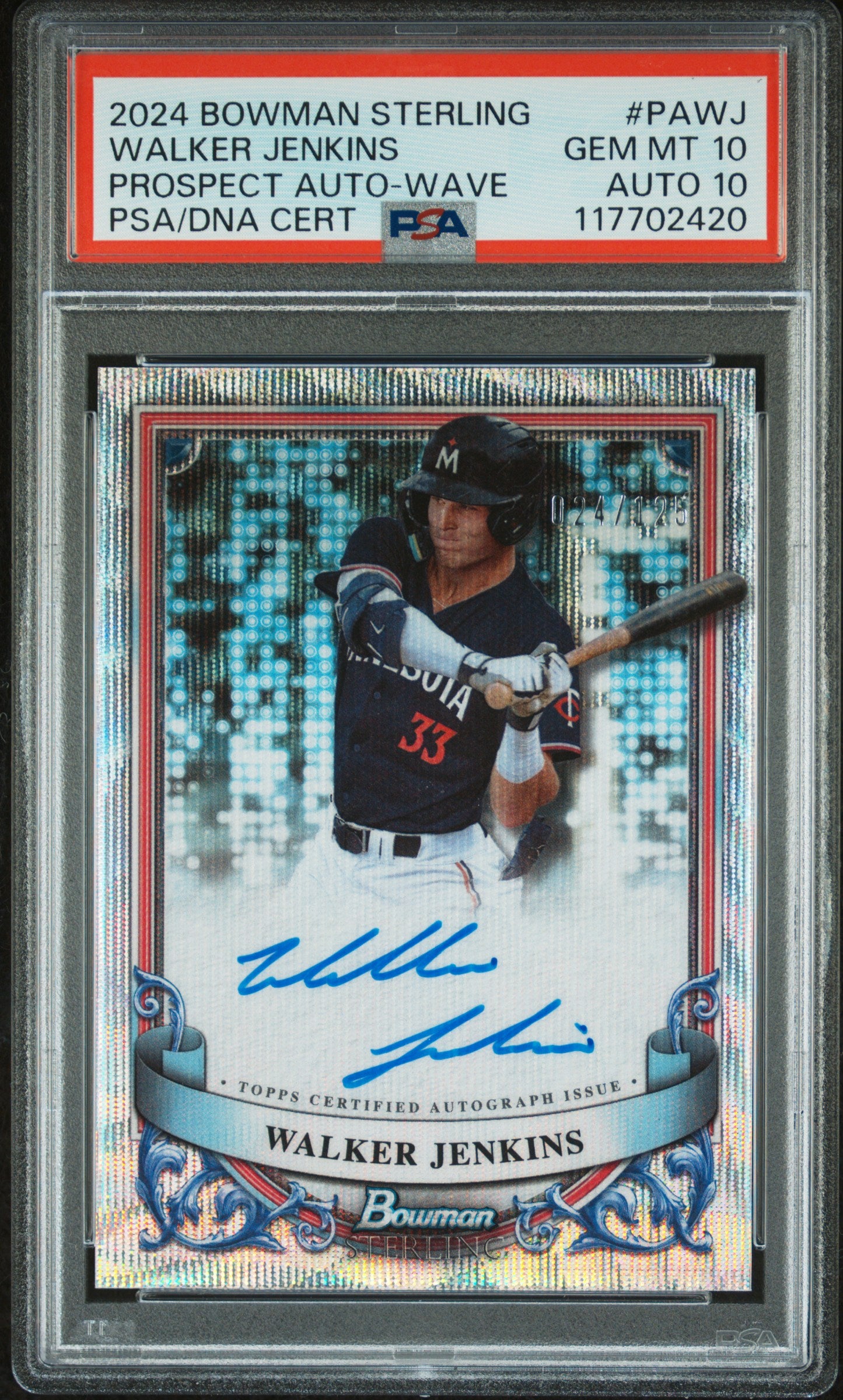 Walker Jenkins 2024 Bowman Sterling Blue Wave Auto #24/135 PSA 10 Auto 10