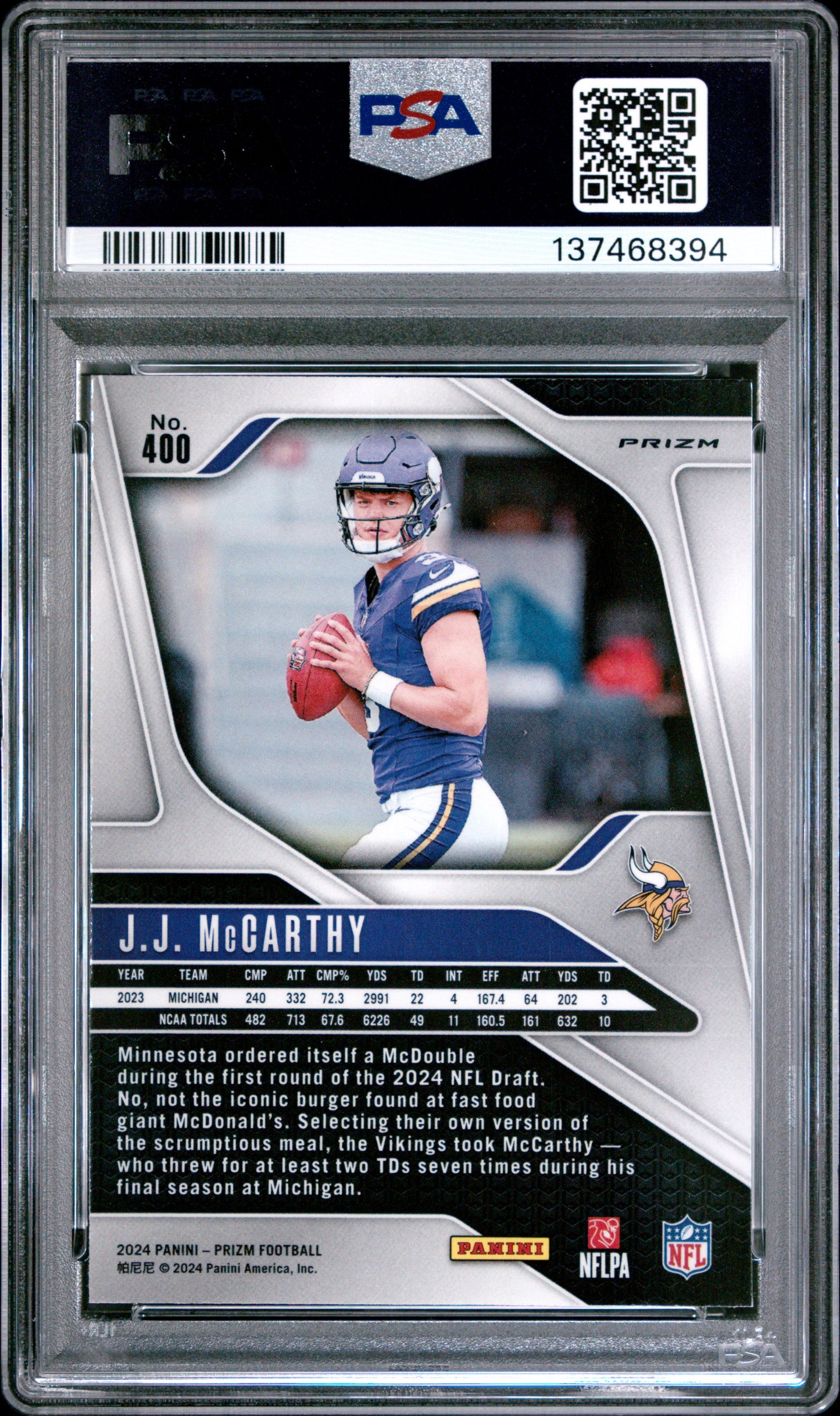 J.J. McCarthy 2024 Panini Prizm Rookie #400 Silver Prizm PSA 10 Gem Mint