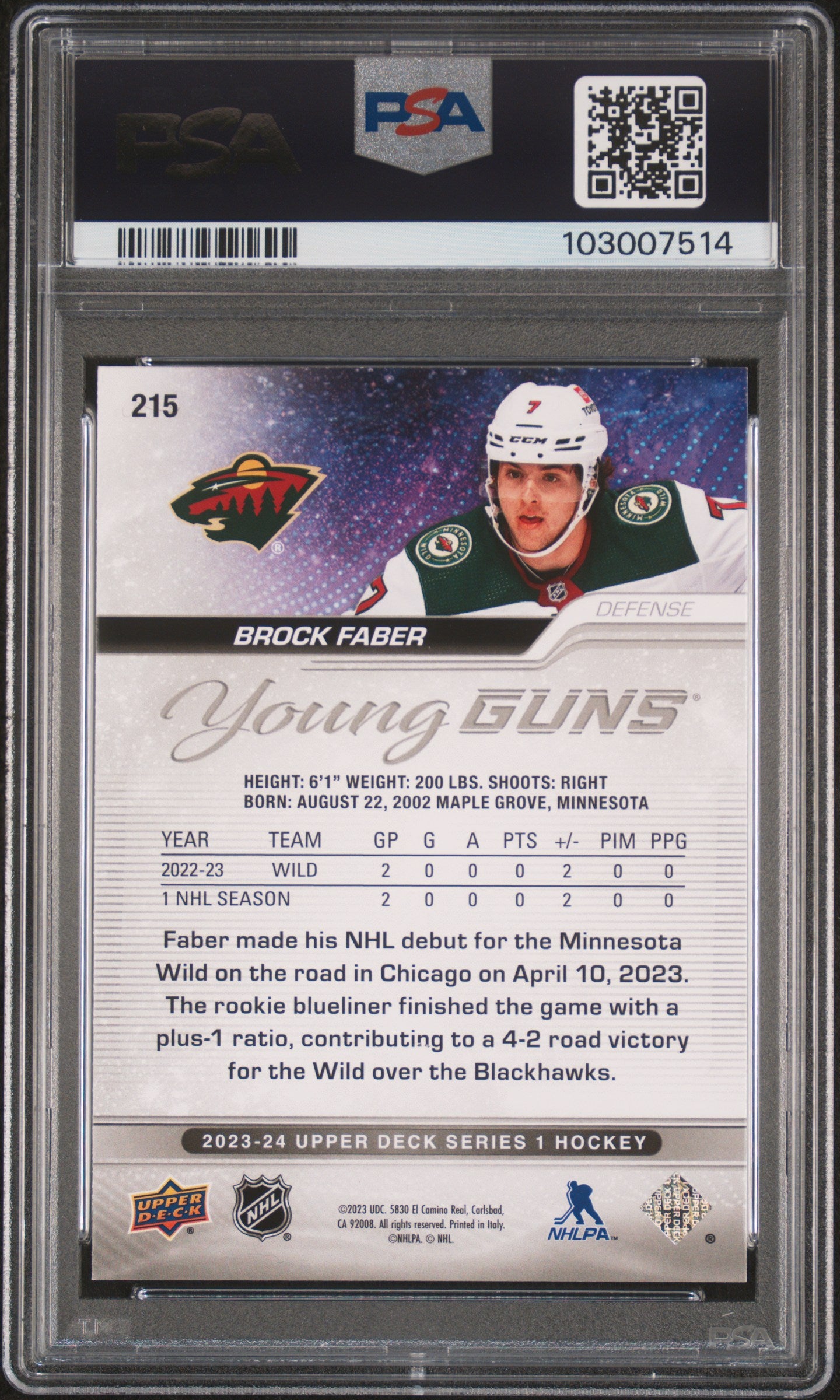 Brock Faber 2023 Upper Deck Rookie #215 Autograph PSA 10 Auto 7514