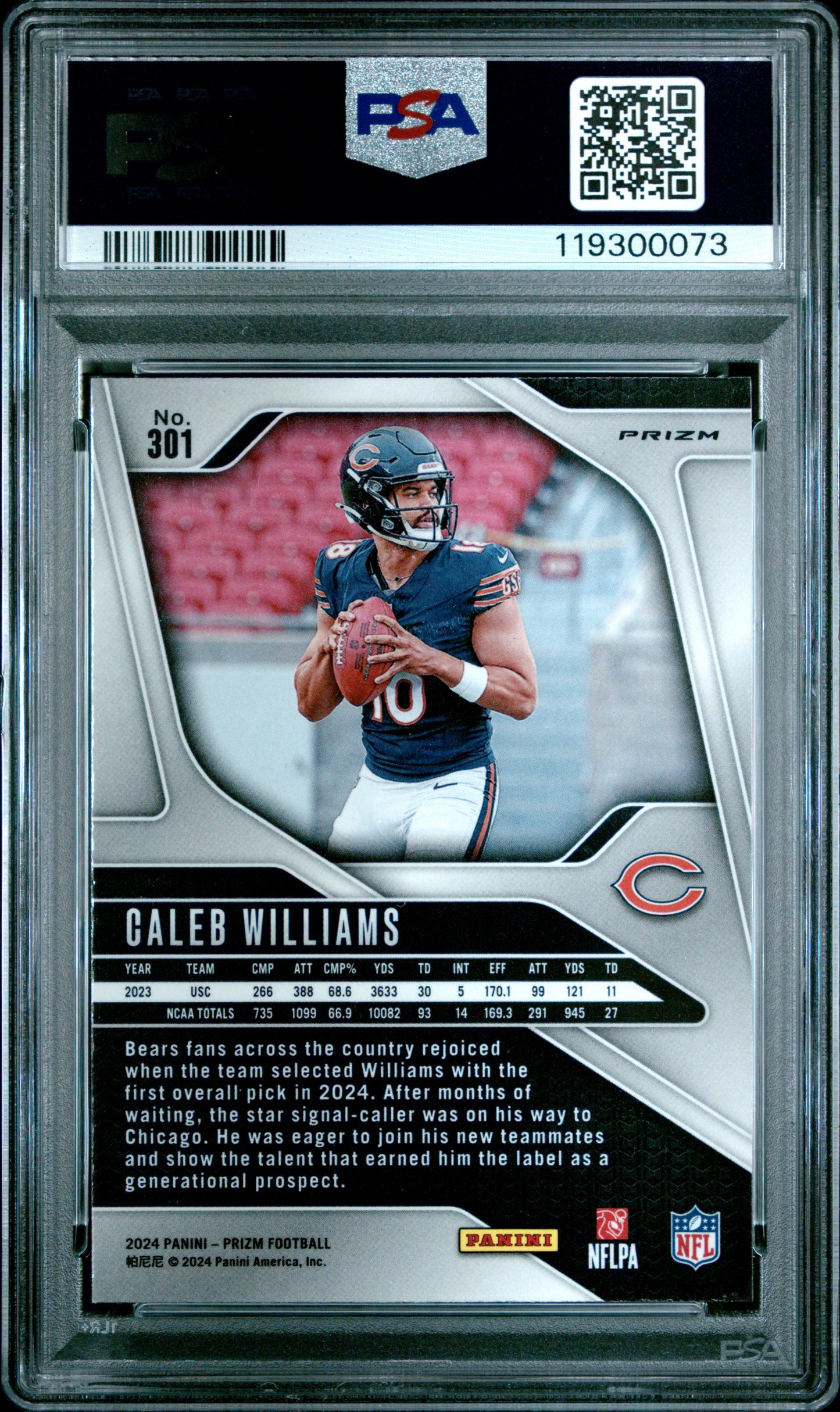 Caleb Williams 2024 Panini Prizm Rookie #301 Silver Prizm PSA 10 Gem Mint