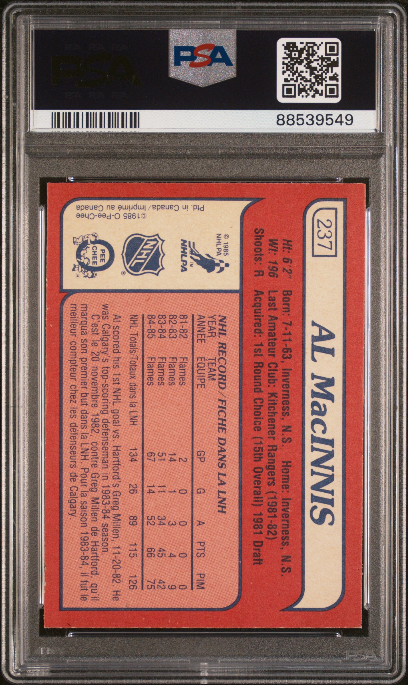 Al MacInnis 1985 O-Pee-Chee #237 PSA 8 Nm-Mint