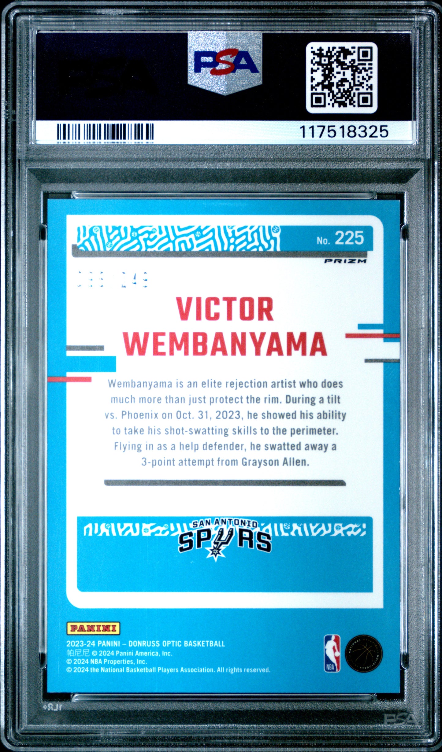 Victor Wembanyama 2023 Donruss Optic Rookie #225 Blue Seismic #96/249 PSA 10 Gem Mint