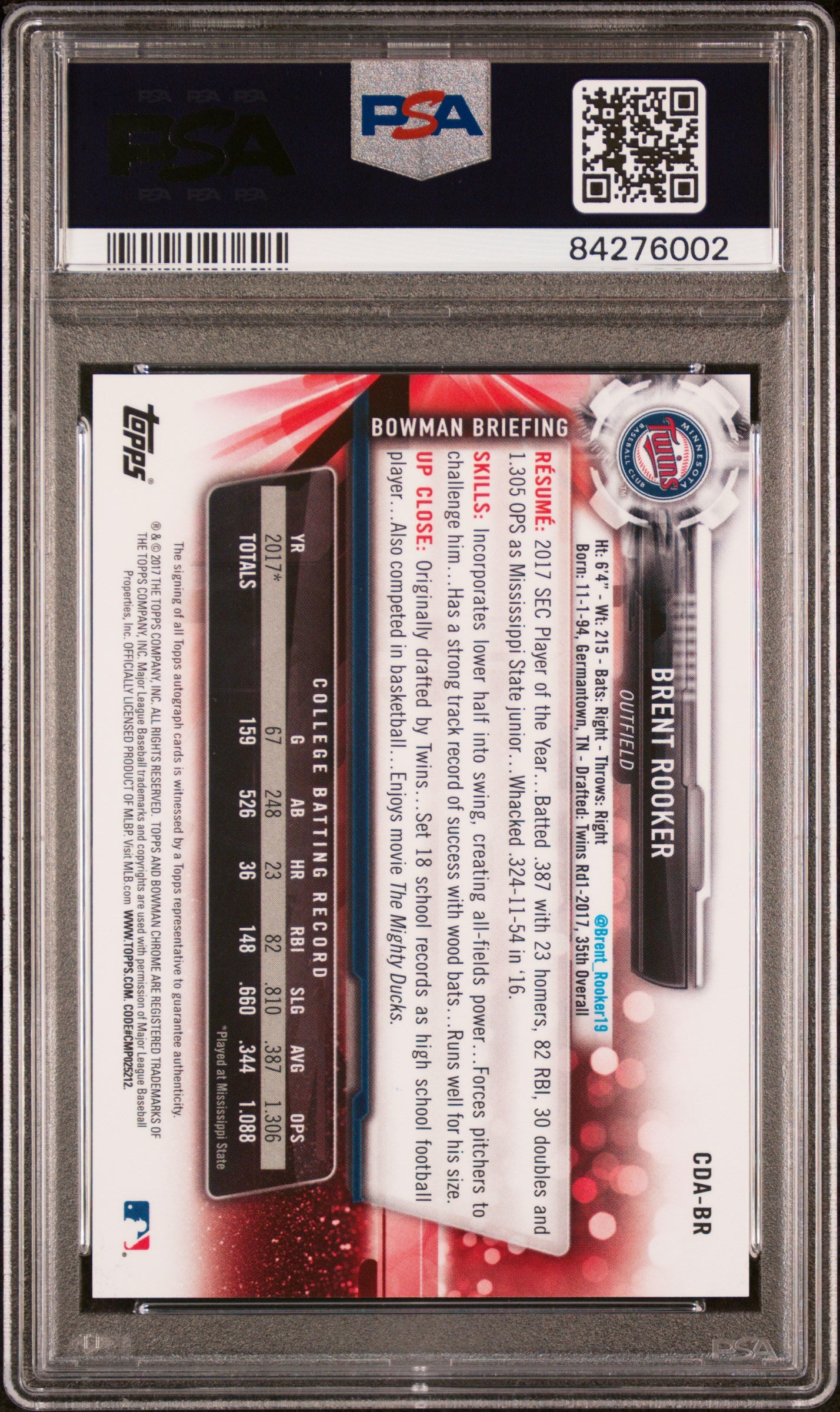 Brent Rooker 2017 Bowman Chrome Draft Auto PSA 10 Auto 10