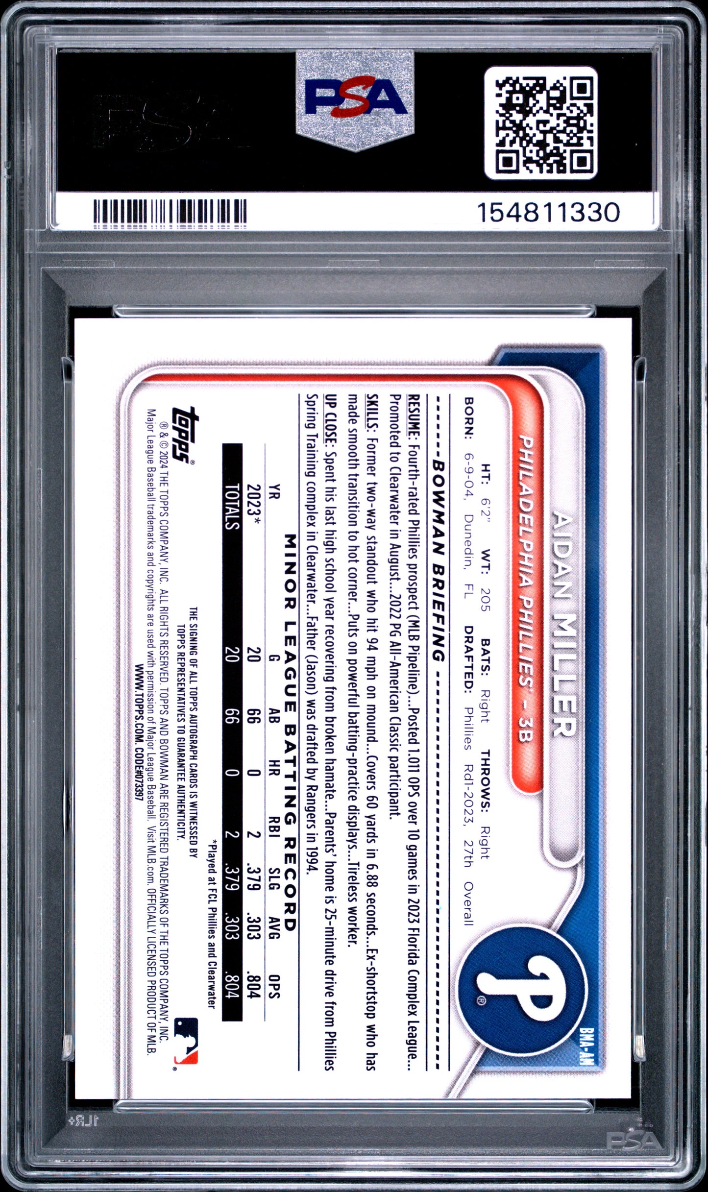Aidan Miller 2024 Bowman Chrome Mega Box Green Refractor Auto #57/99 PSA 10 Gem Mint