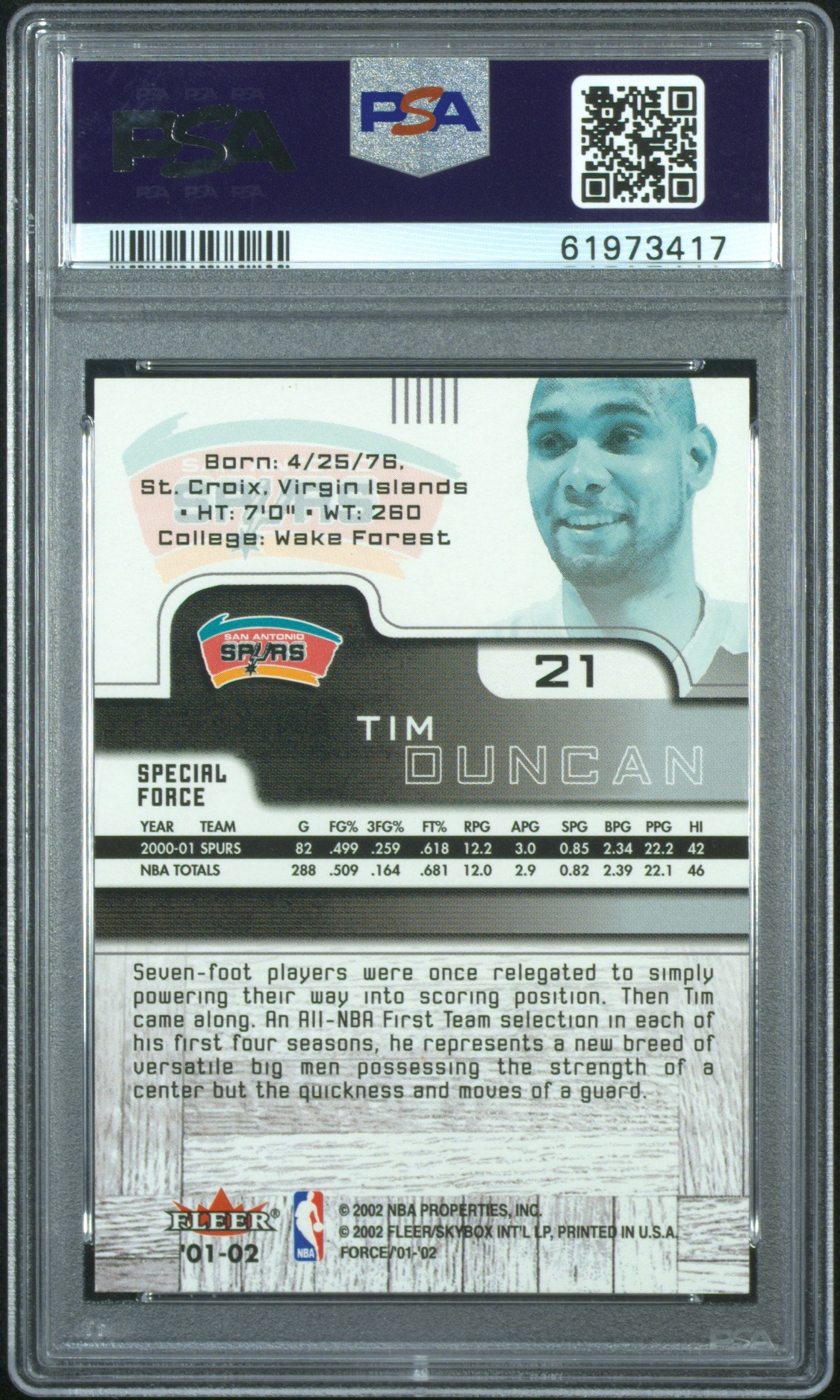 Tim Duncan 2001 Fleer Force #21 Special Forces #183/250 PSA 10 Gem Mint