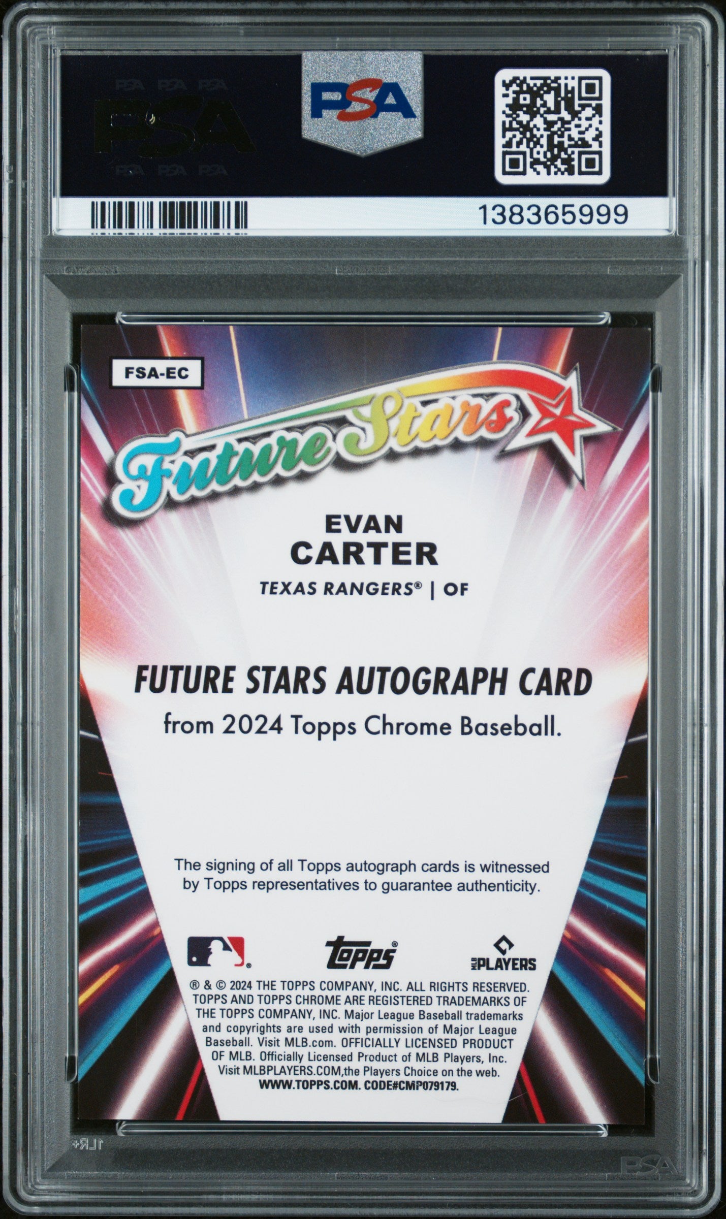 Evan Carter 2024 Topps Chrome Logofractor Future Stars Orange Auto #21/25 PSA 10 Auto 9