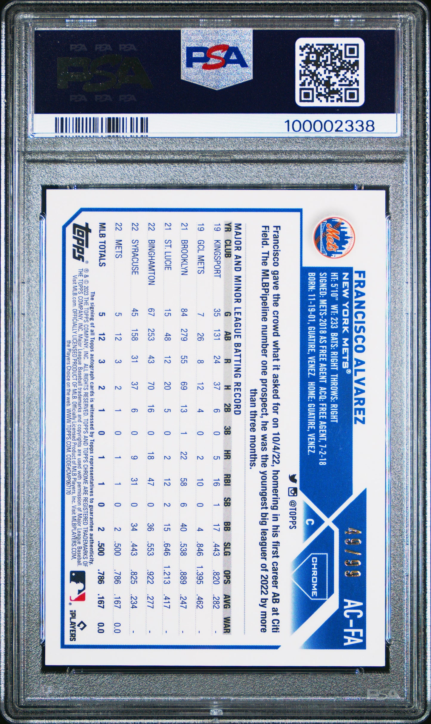 Francisco Alvarez 2023 Topps Chrome Update Green Refractor Auto #49/99 PSA 9 Mint