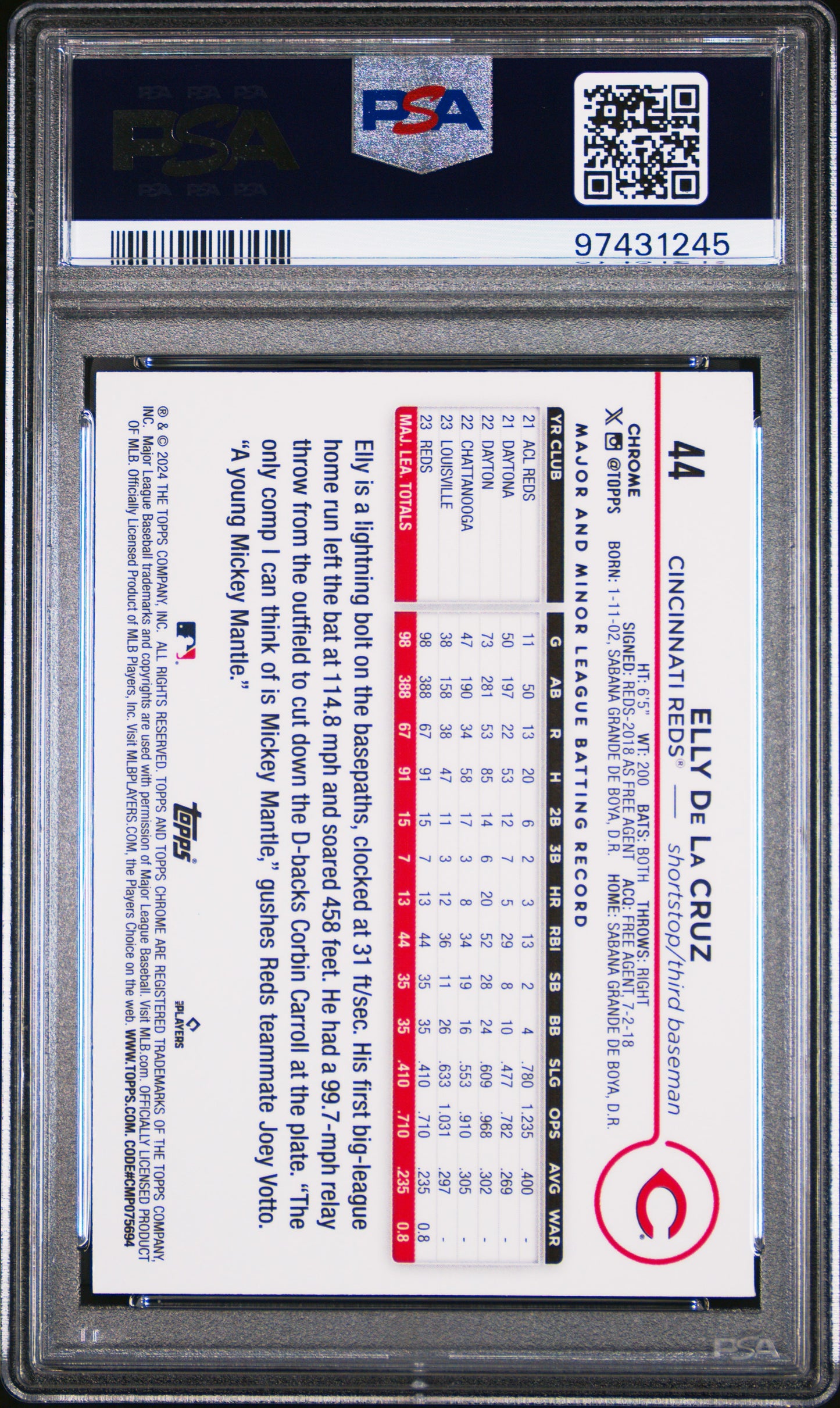 Elly de la Cruz 2024 Topps Chrome Rookie #44 Purple Sonar Refactor #186/275 PSA 10 Gem Mint