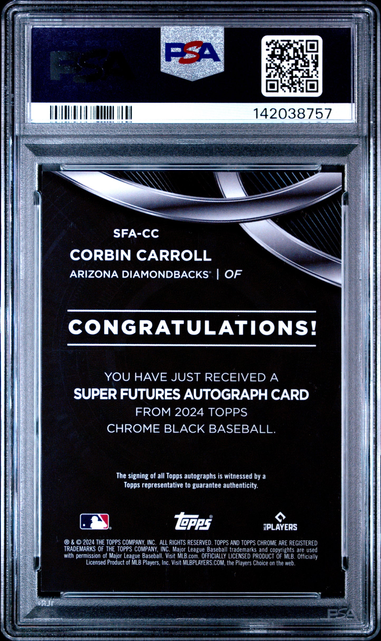 Corbin Carroll 2024 Topps Chrome Black Super Futures Red Refractor Auto #3/5 PSA 9 Mint