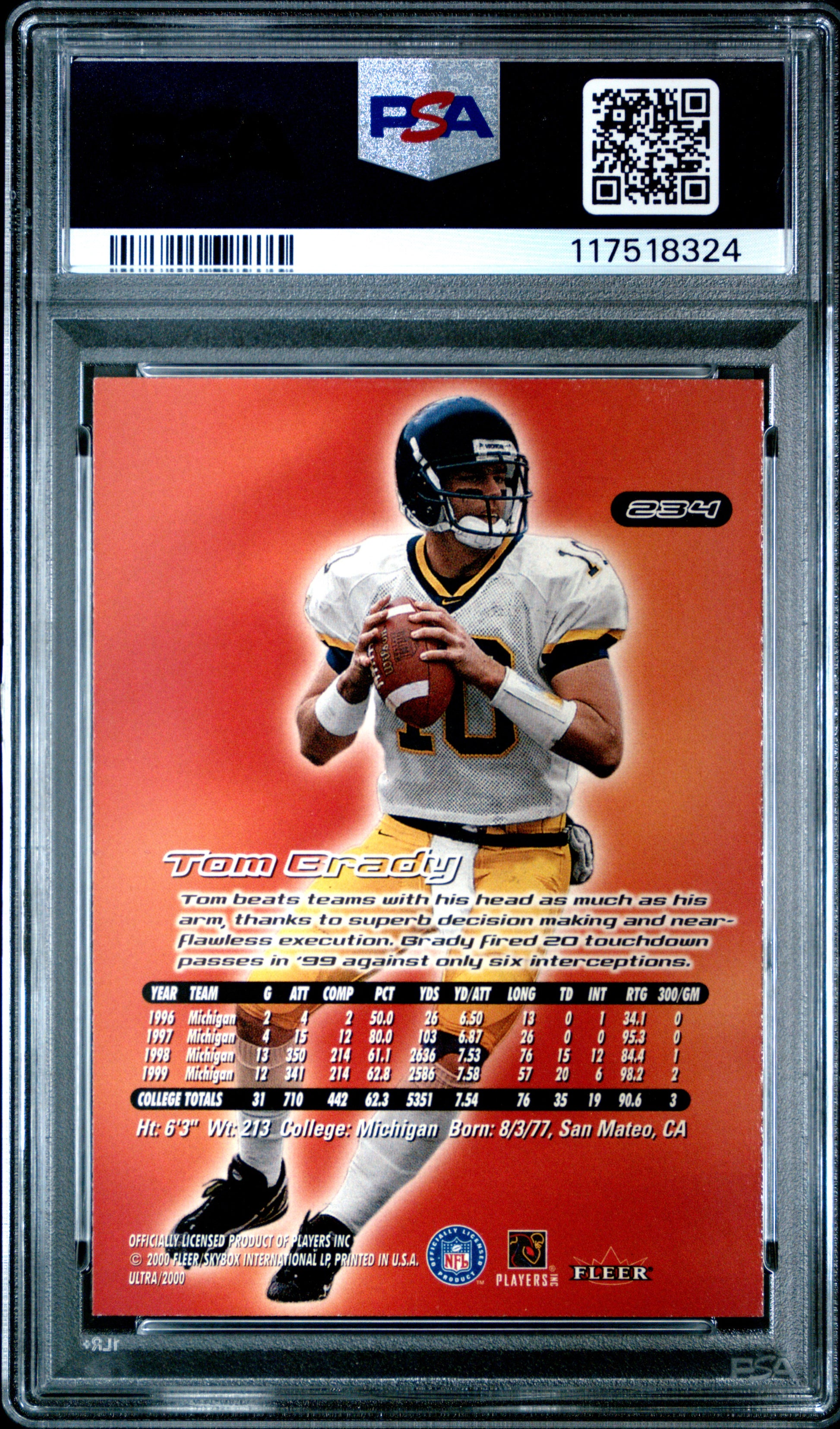 Tom Brady 2000 Fleer Ultra Rookie #234 PSA 8 Nm-Mint 8324