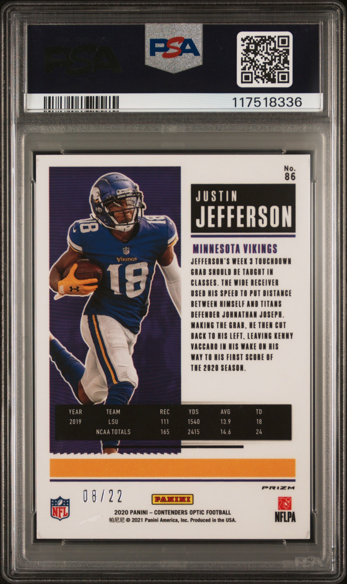 Justin Jefferson 2020 Panini Contenders Optic Cracked Ice Rookie #8/22 PSA 10 Gem Mint